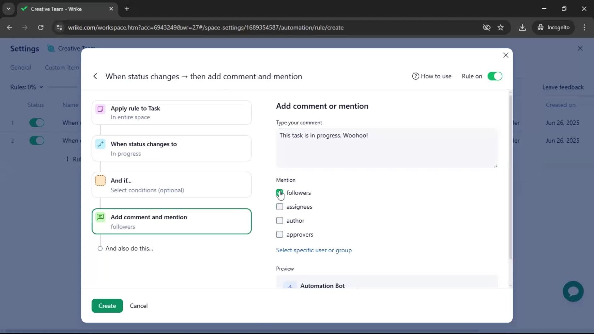 Creating an automation workflow screenshot