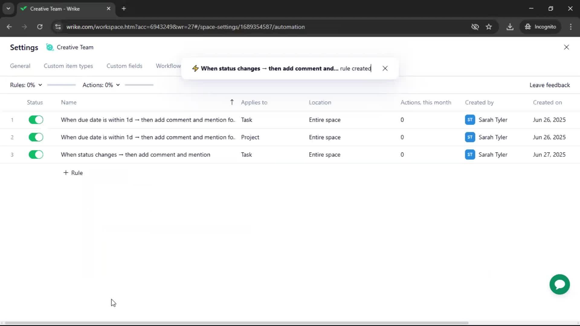 Creating an automation workflow screenshot