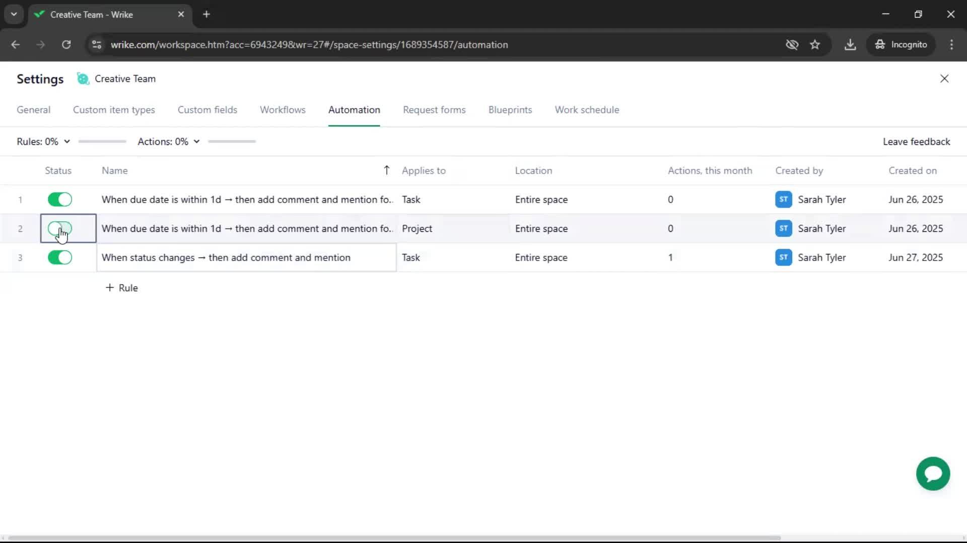 Creating an automation workflow screenshot
