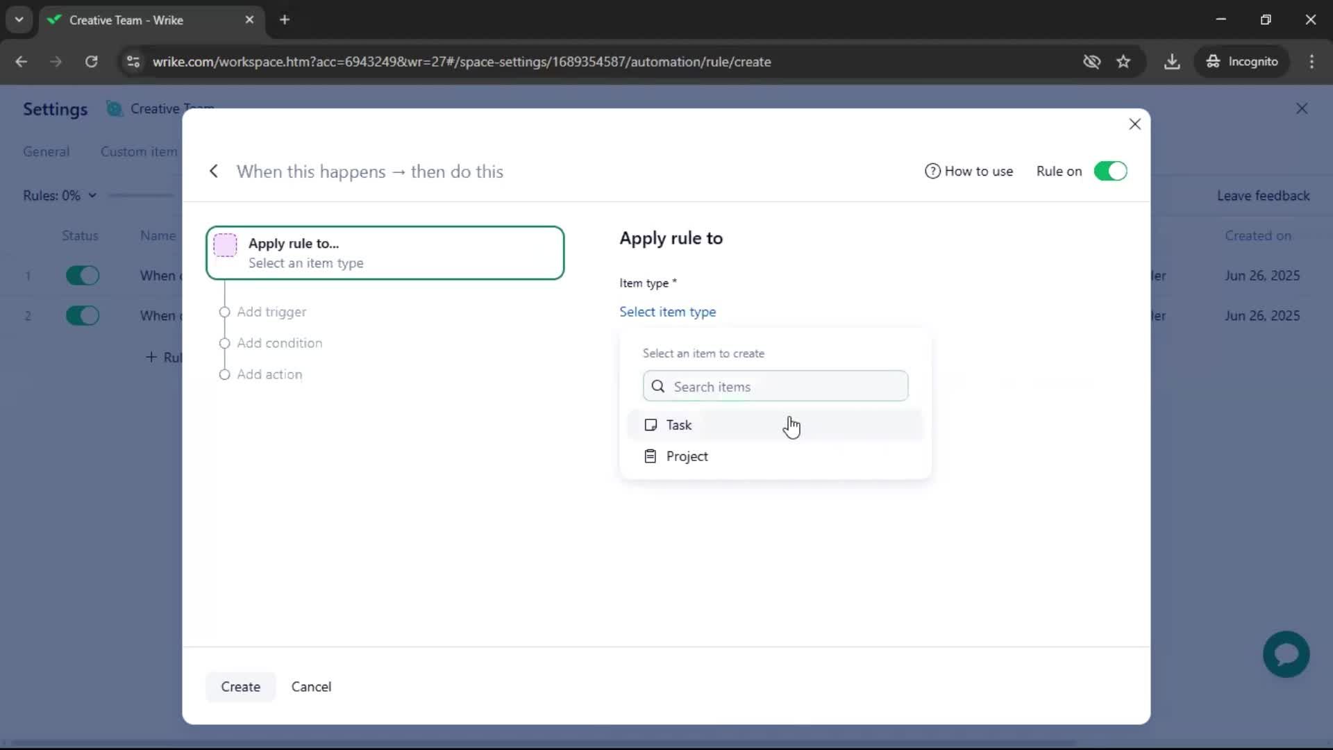Creating an automation workflow screenshot