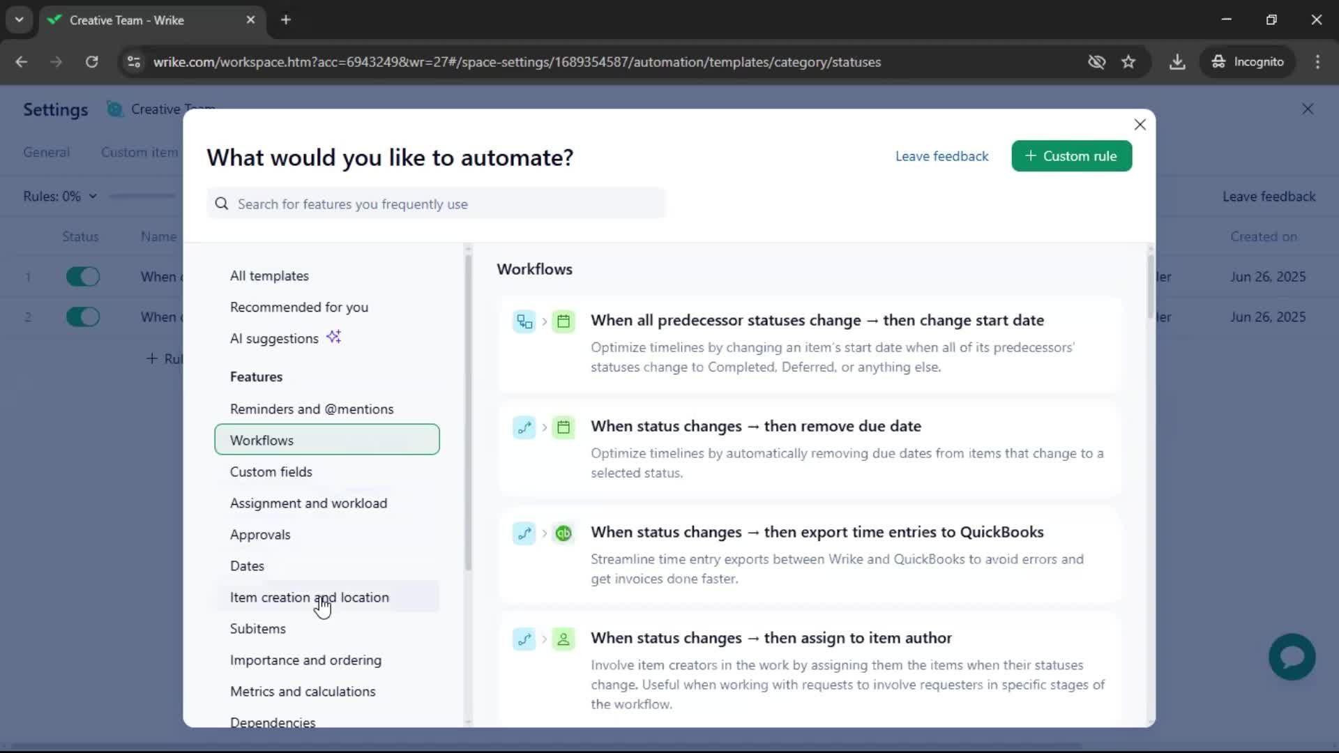 Creating an automation workflow screenshot