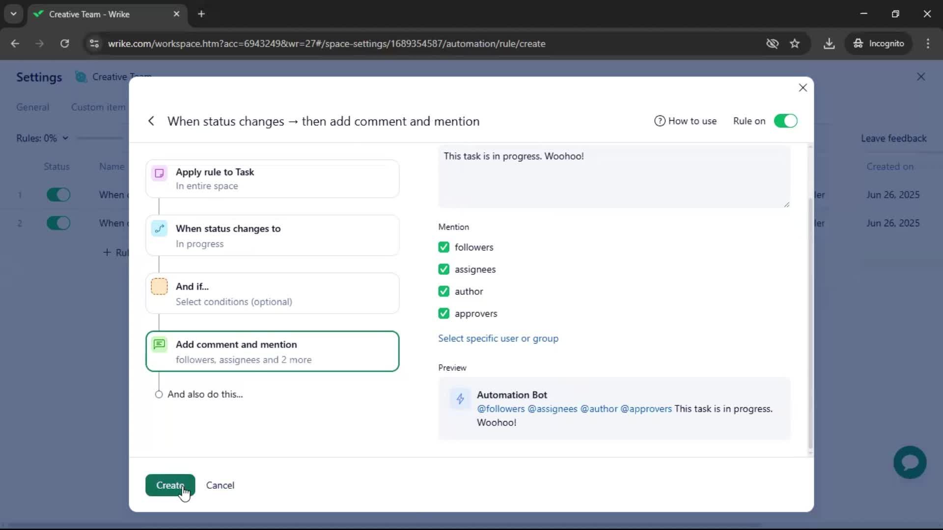 Creating an automation workflow screenshot