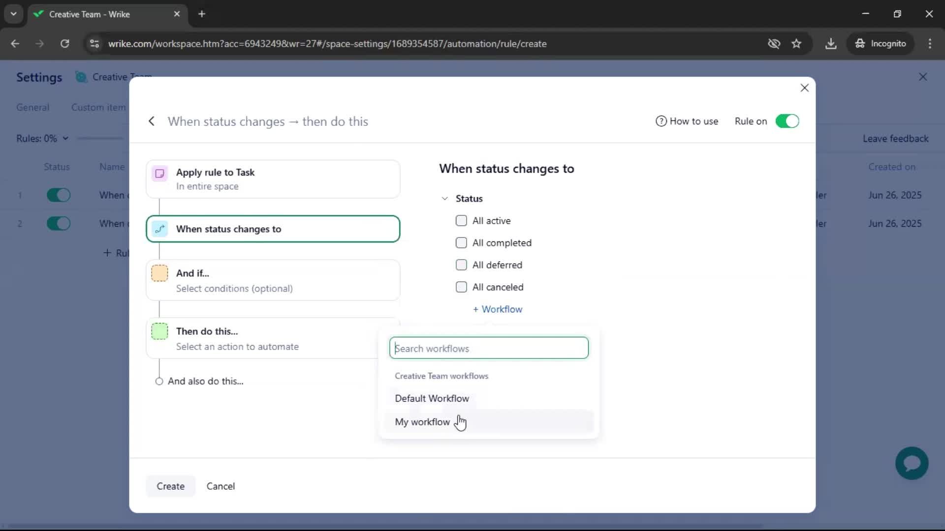 Creating an automation workflow screenshot