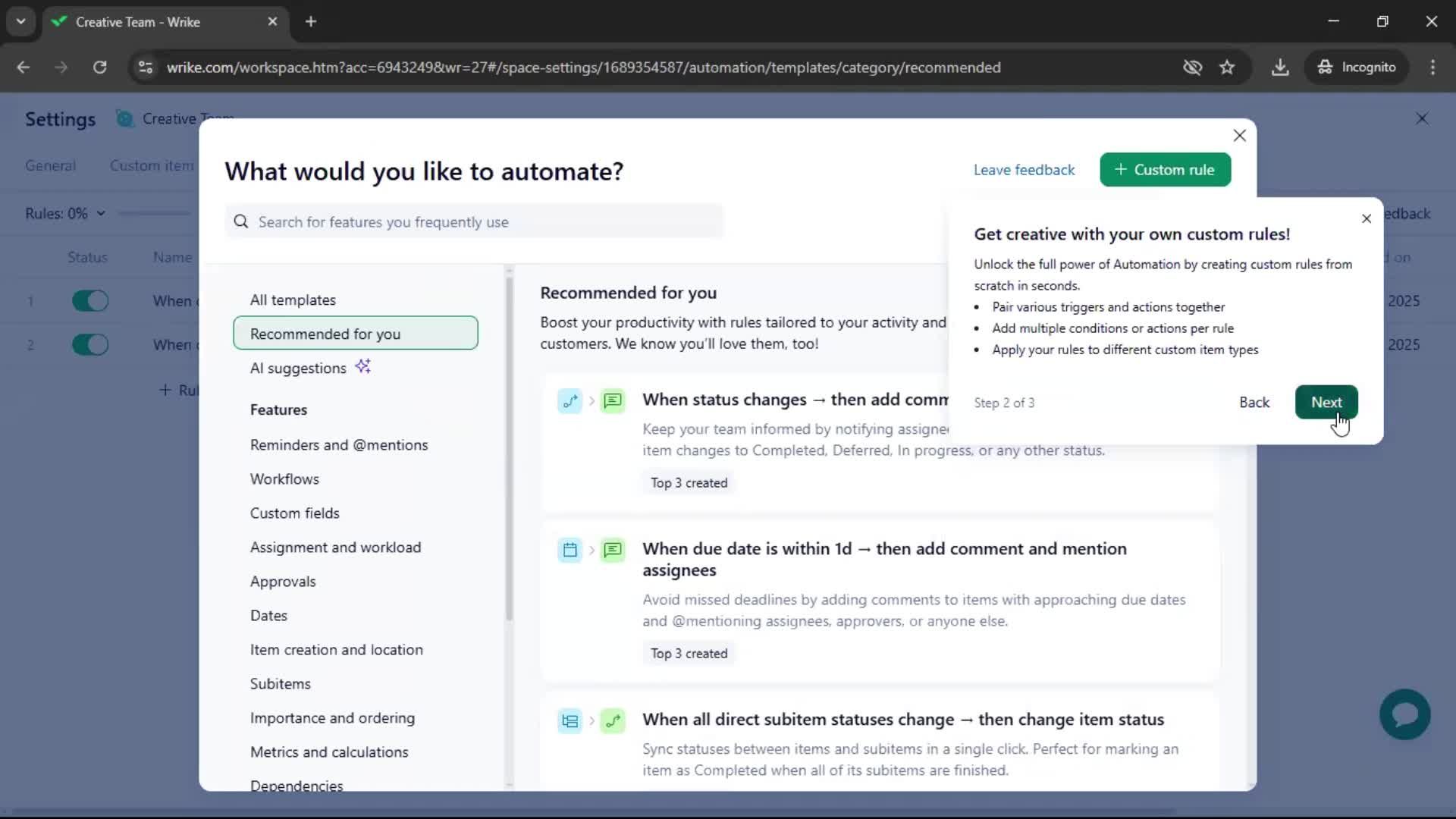 Creating an automation workflow screenshot