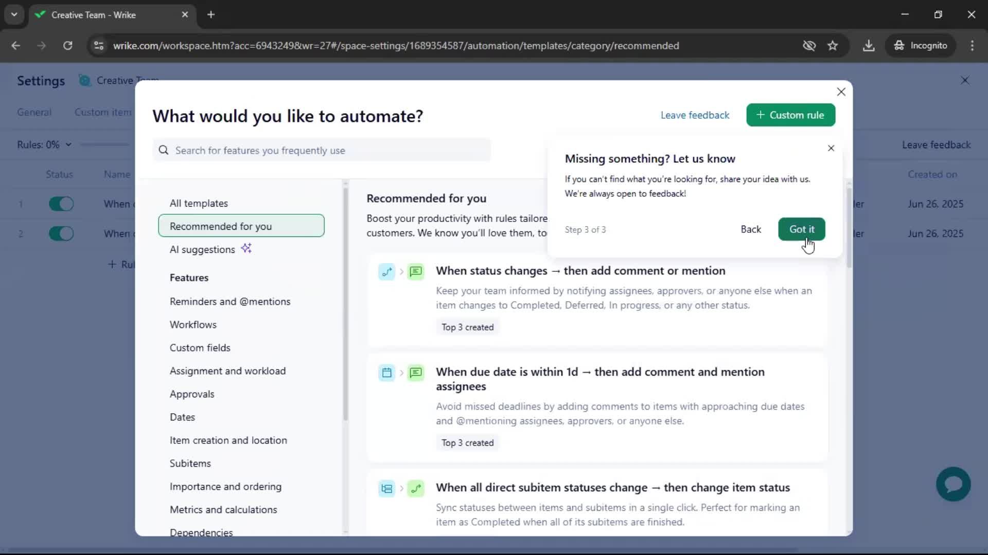Creating an automation workflow screenshot