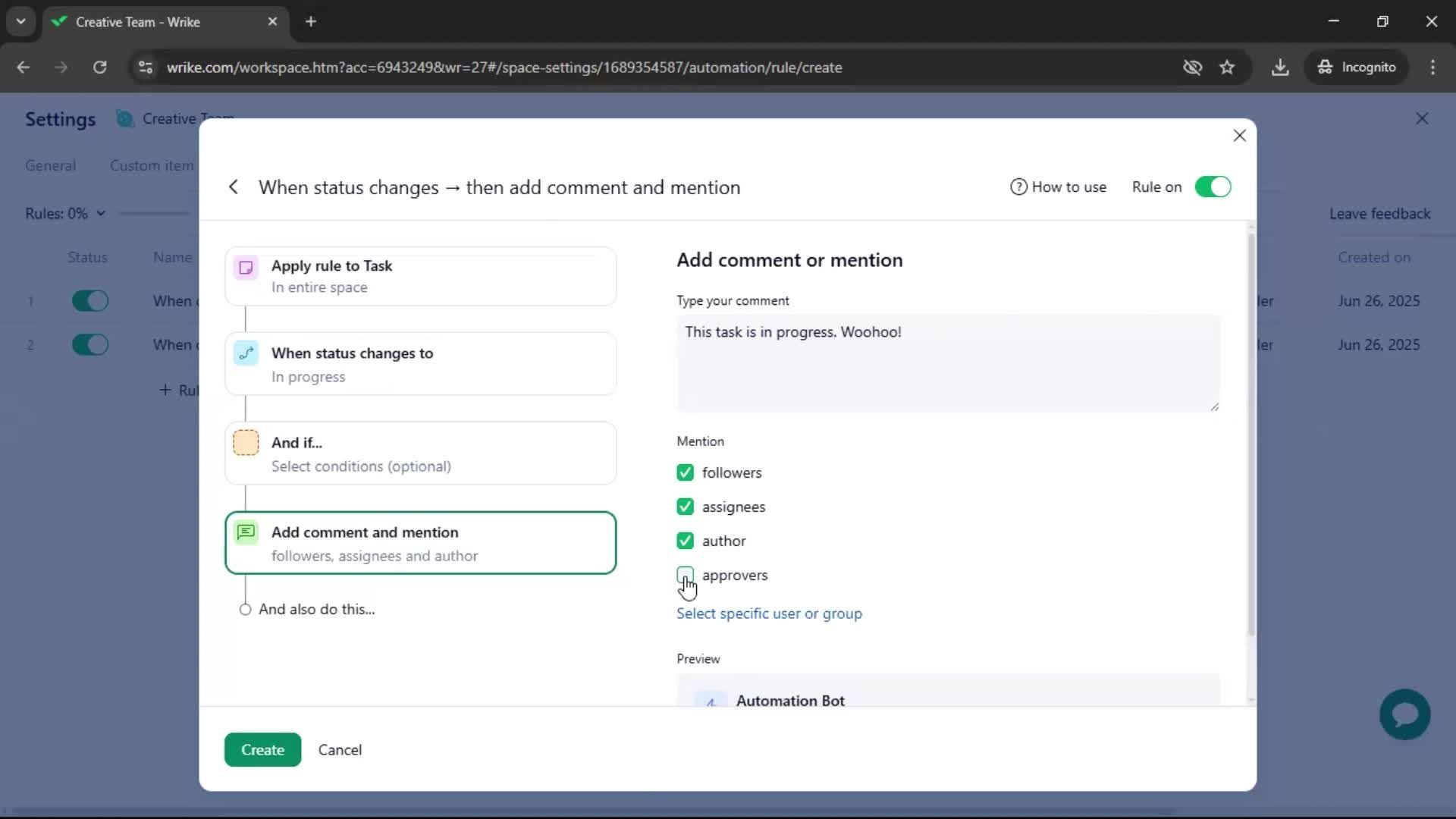 Creating an automation workflow screenshot