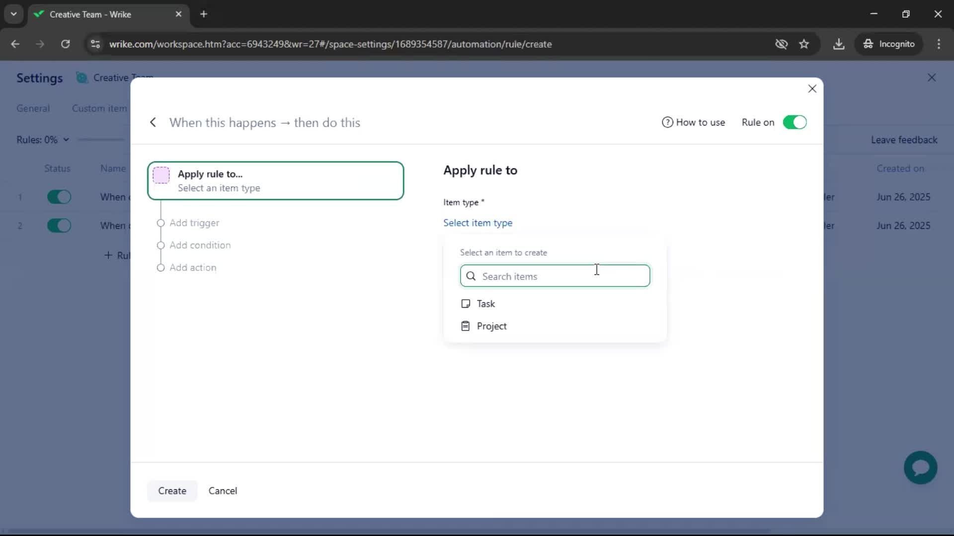 Creating an automation workflow screenshot