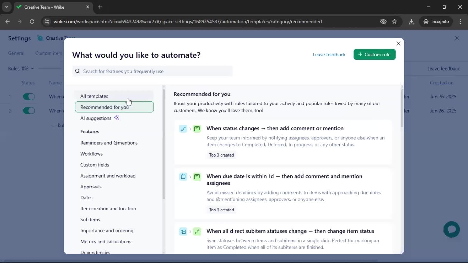 Creating an automation workflow screenshot