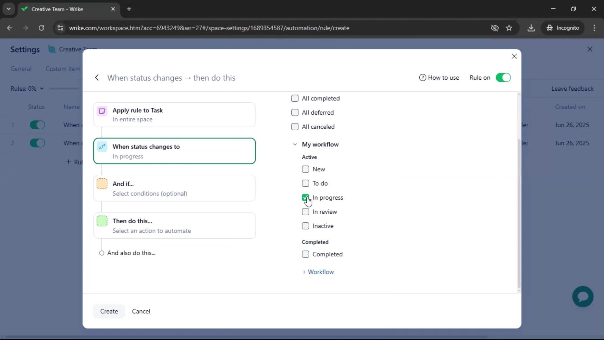 Creating an automation workflow screenshot