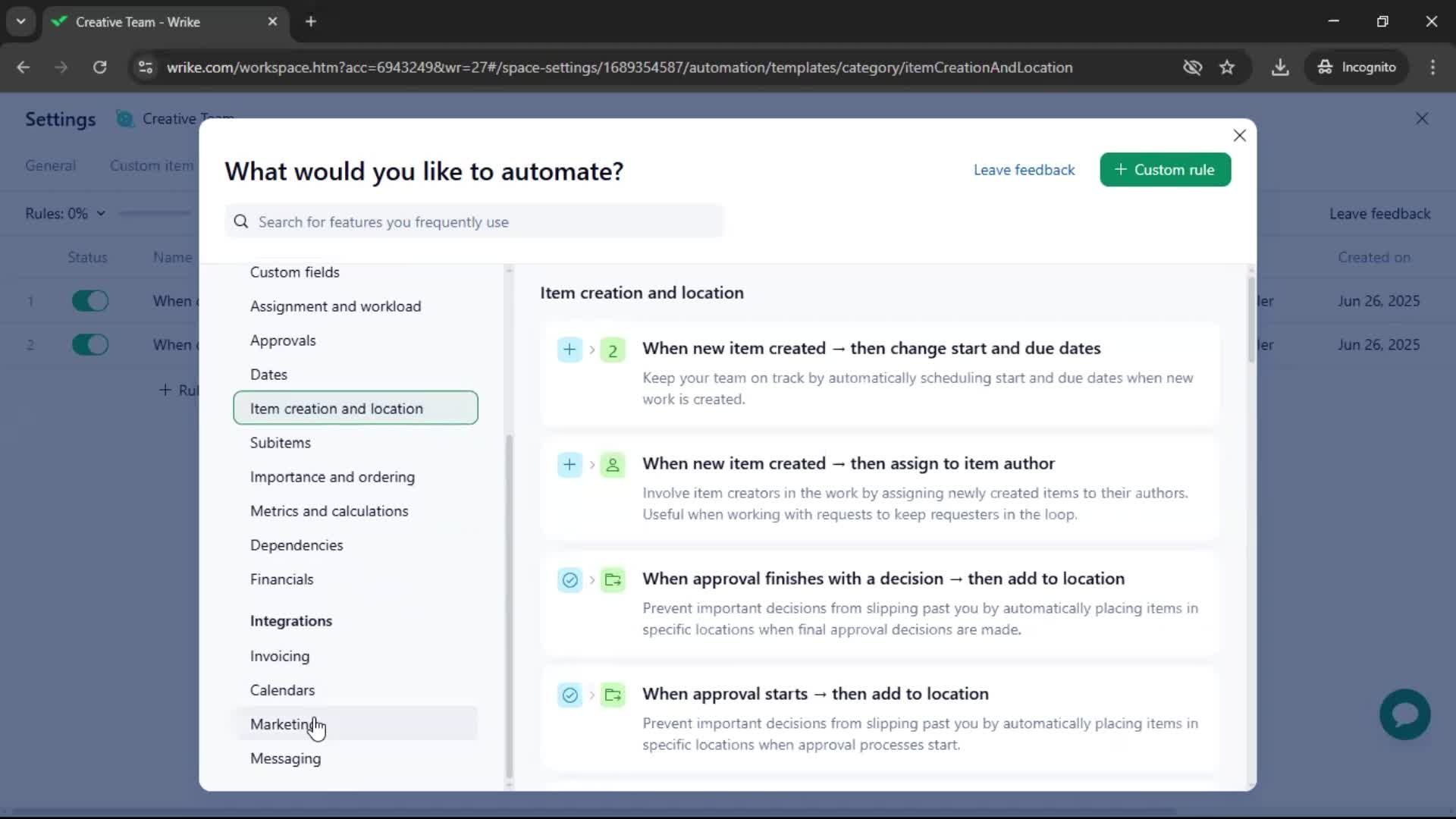 Creating an automation workflow screenshot