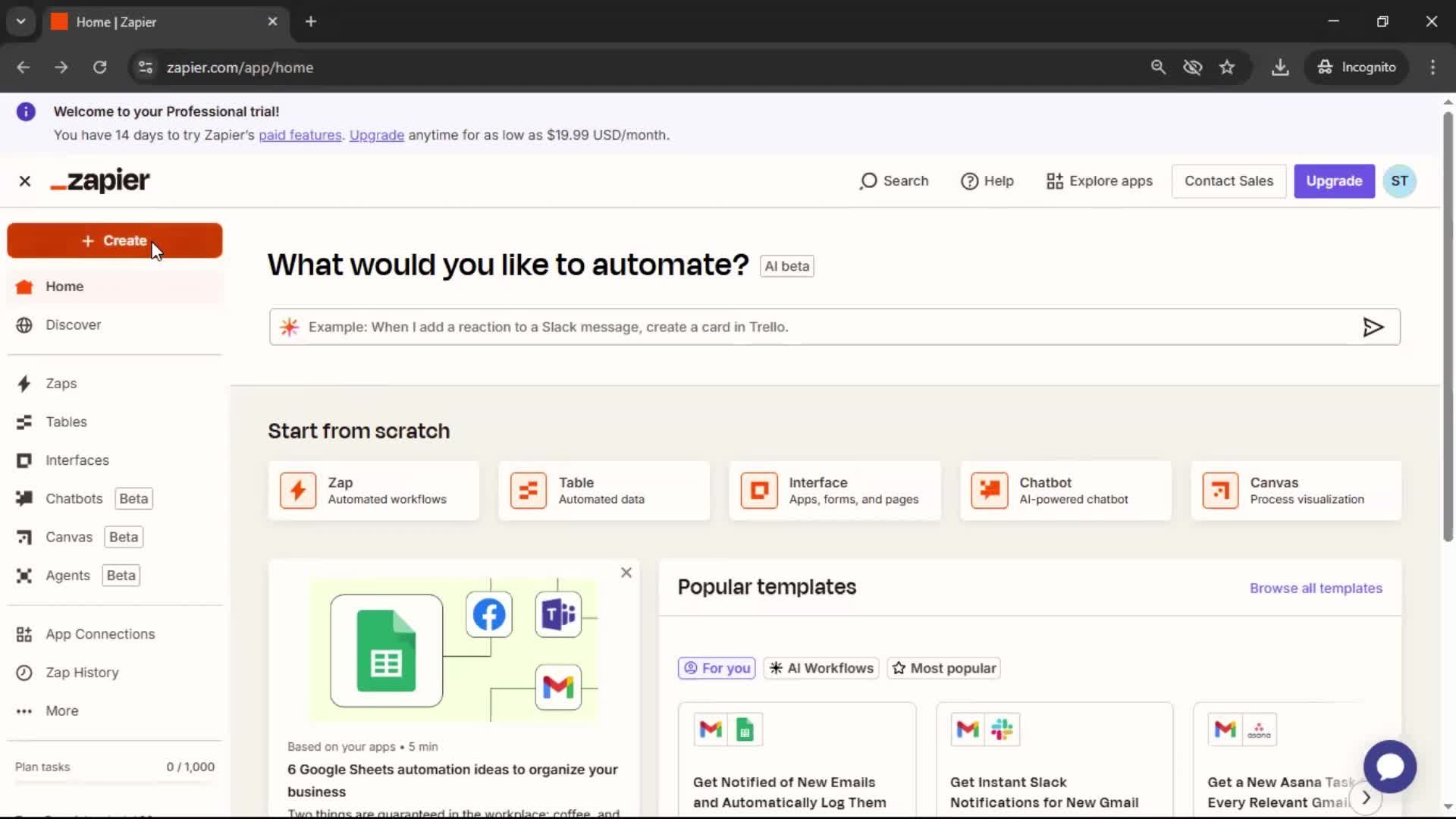 Creating an automation workflow screenshot