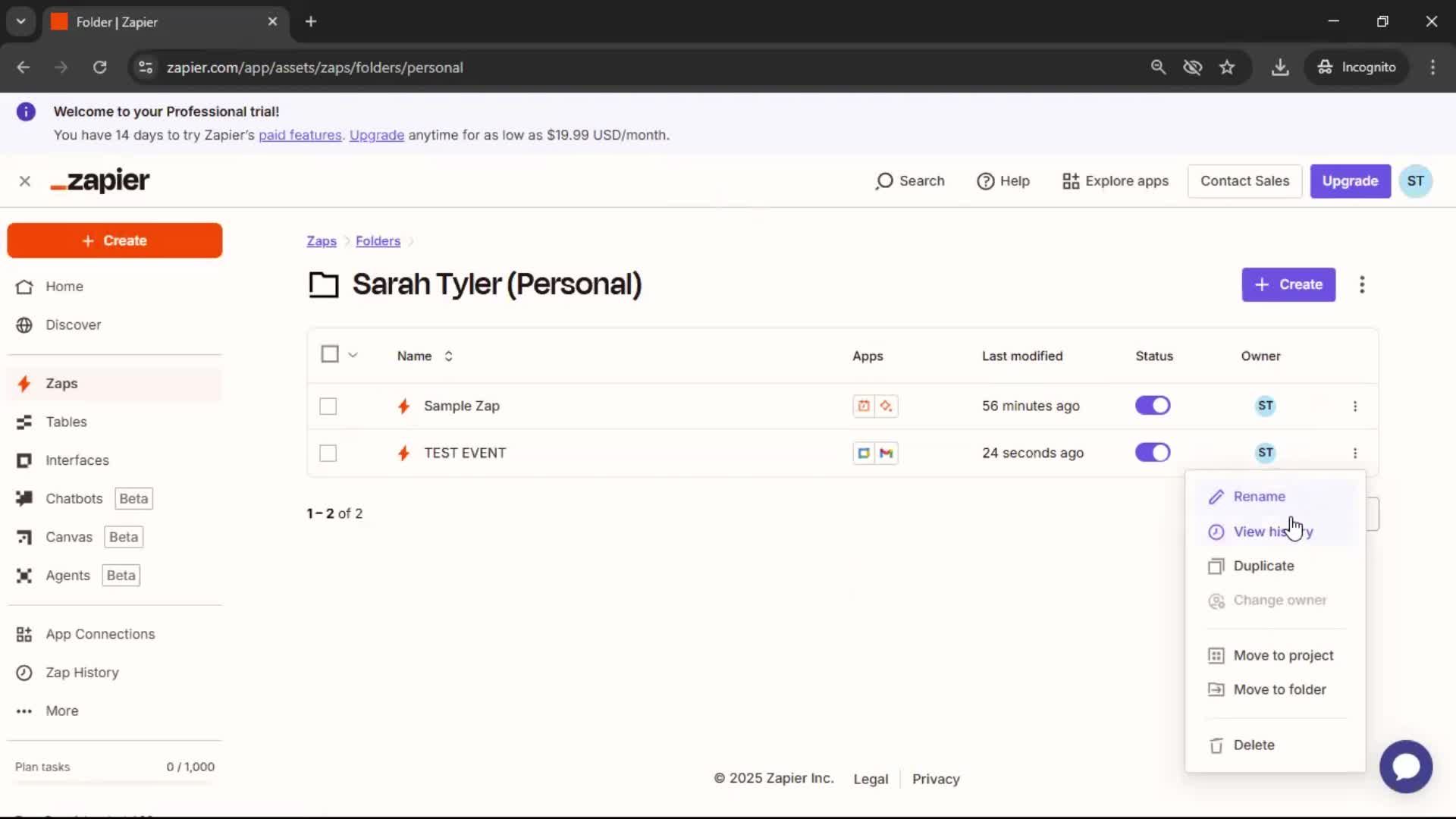 Creating an automation workflow screenshot