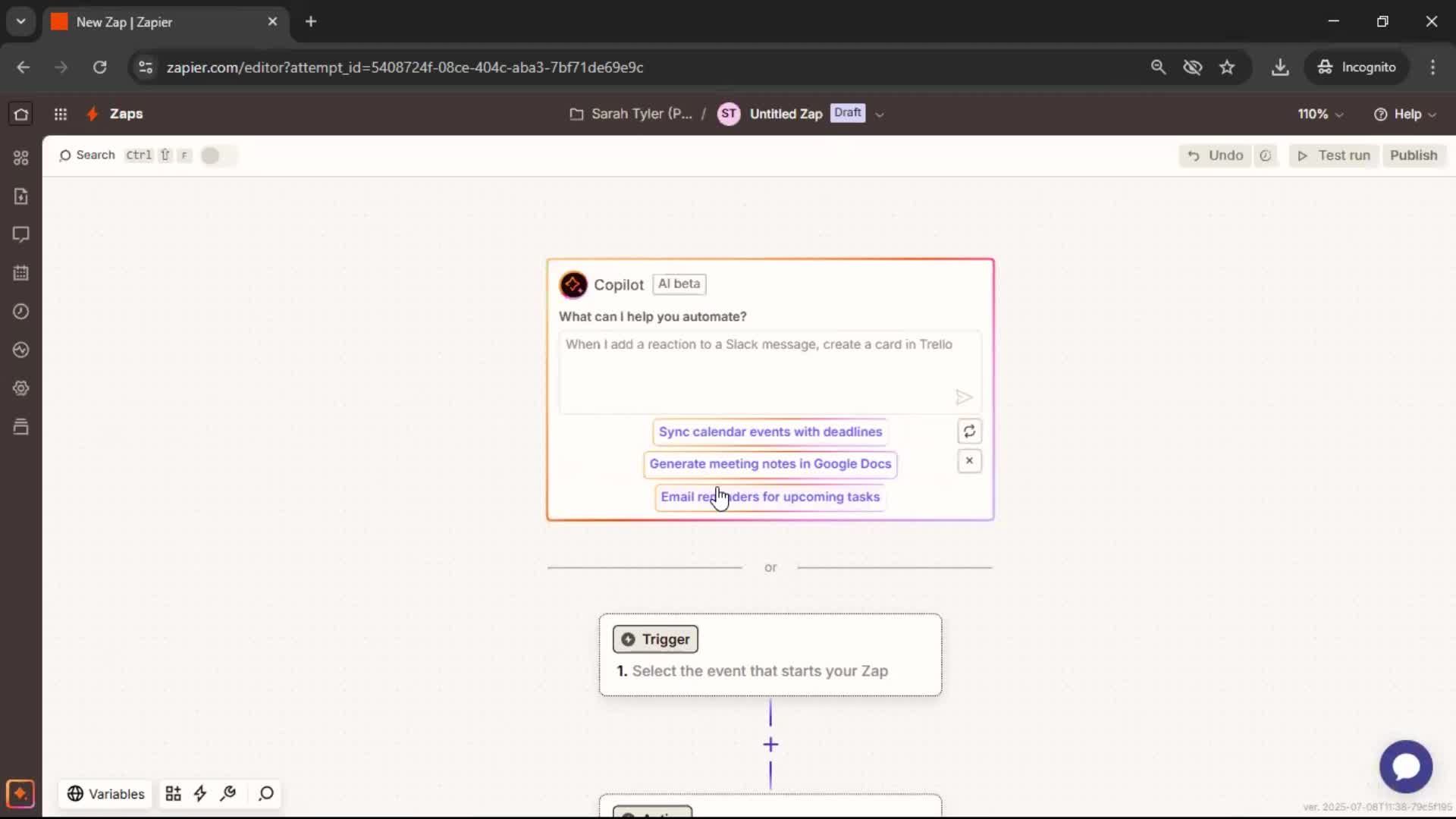 Creating an automation workflow screenshot