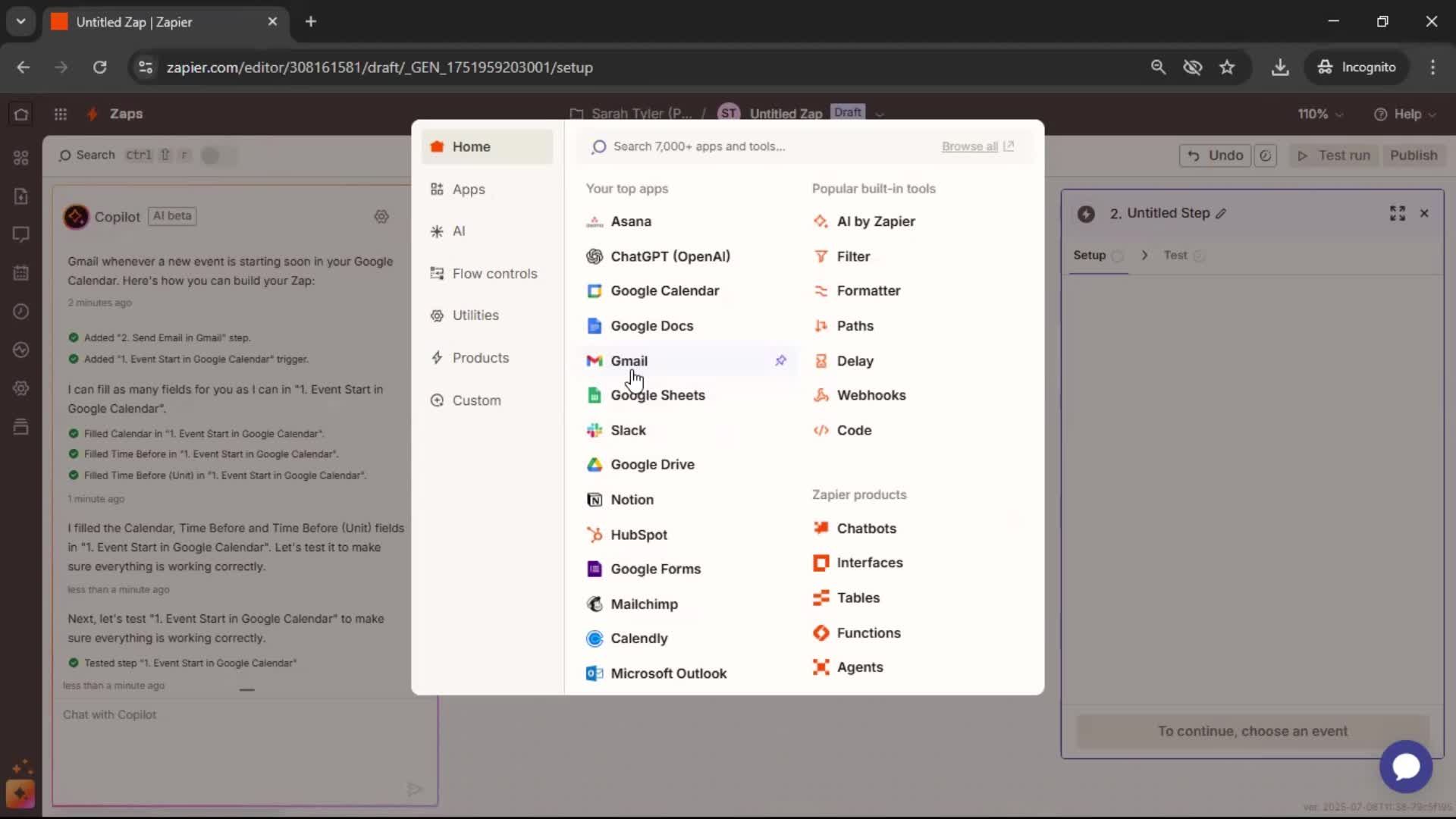 Creating an automation workflow screenshot