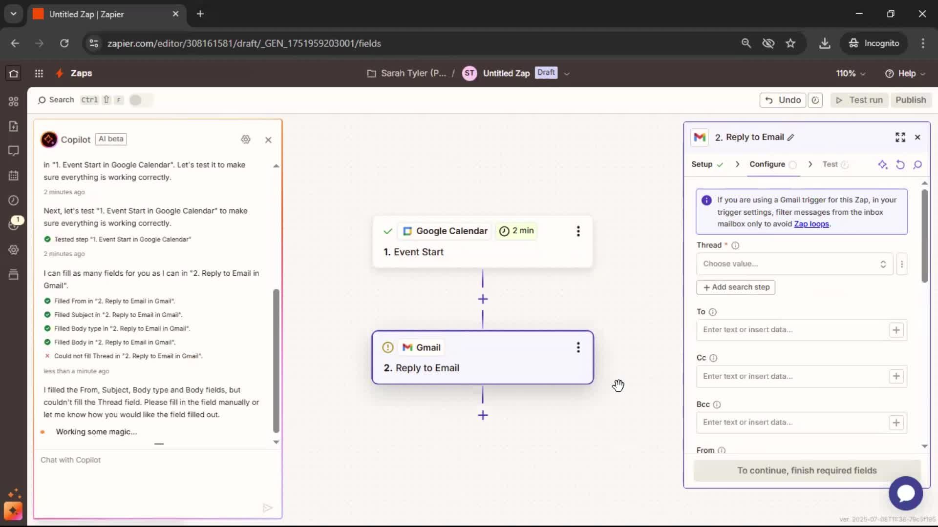 Creating an automation workflow screenshot