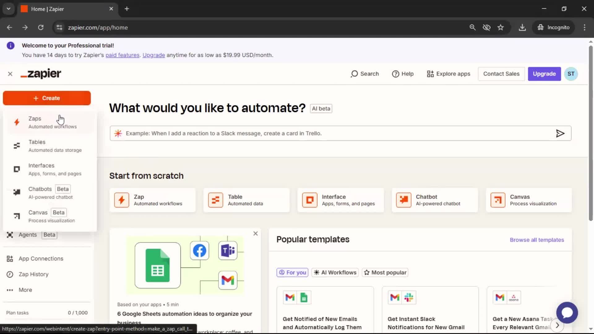 Creating an automation workflow screenshot