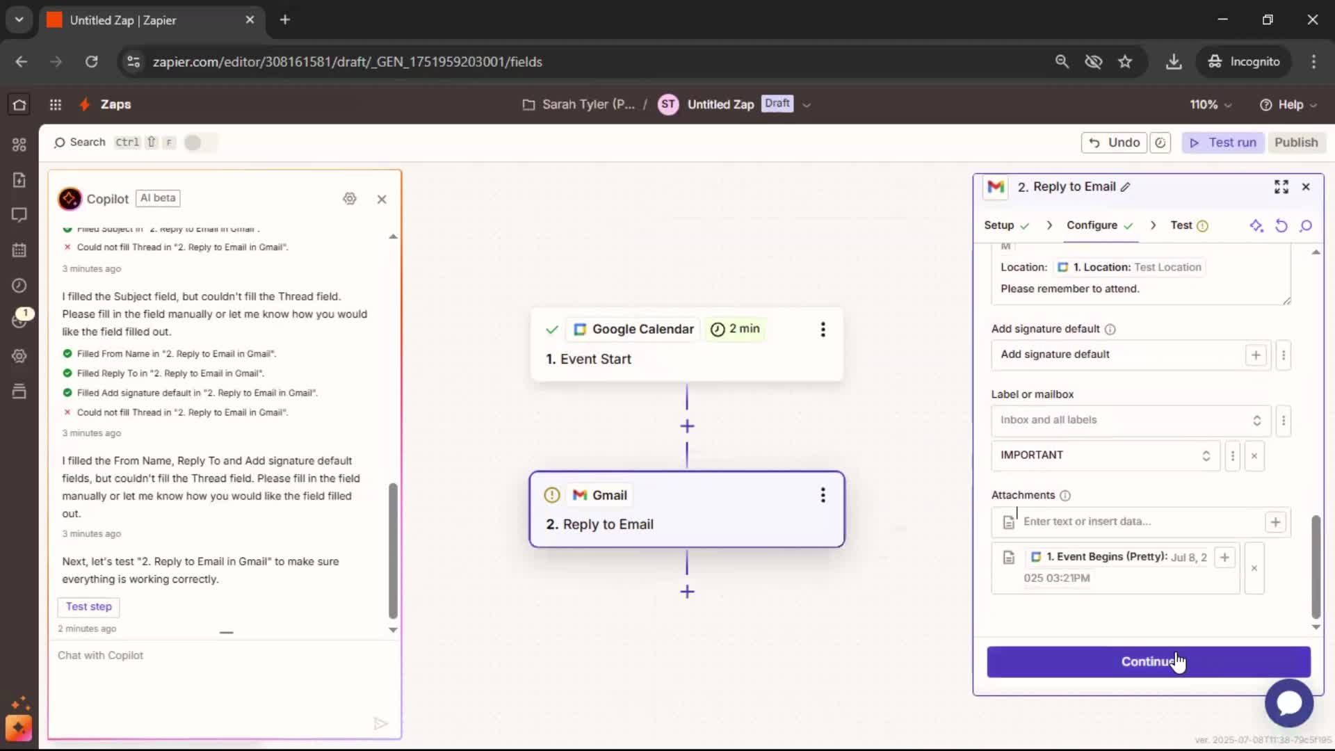 Creating an automation workflow screenshot