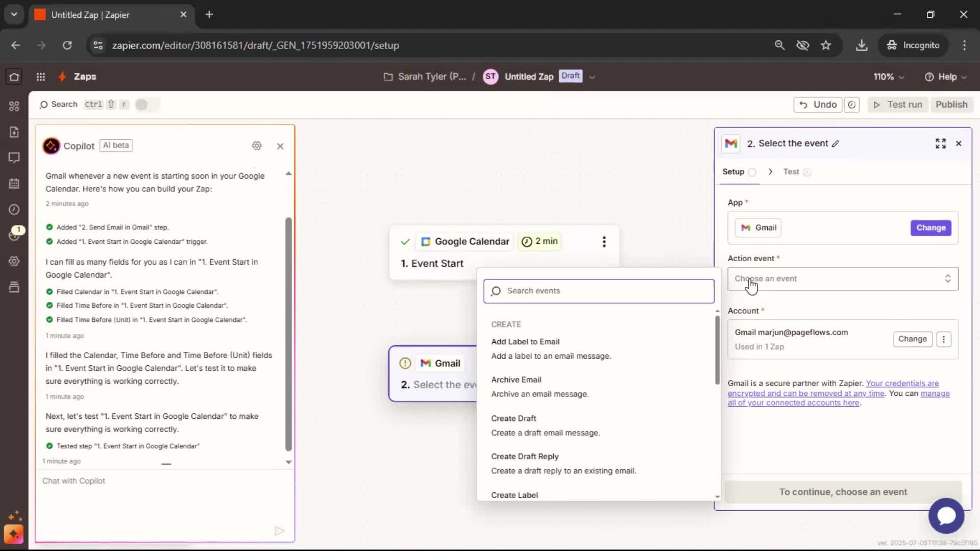 Creating an automation workflow screenshot
