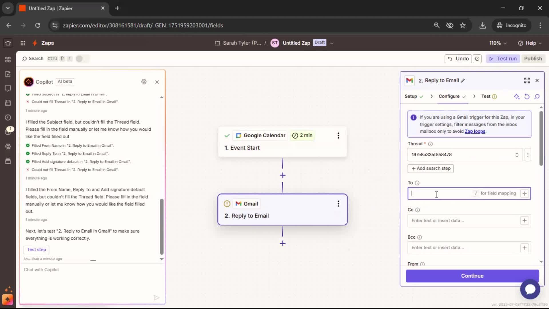Creating an automation workflow screenshot