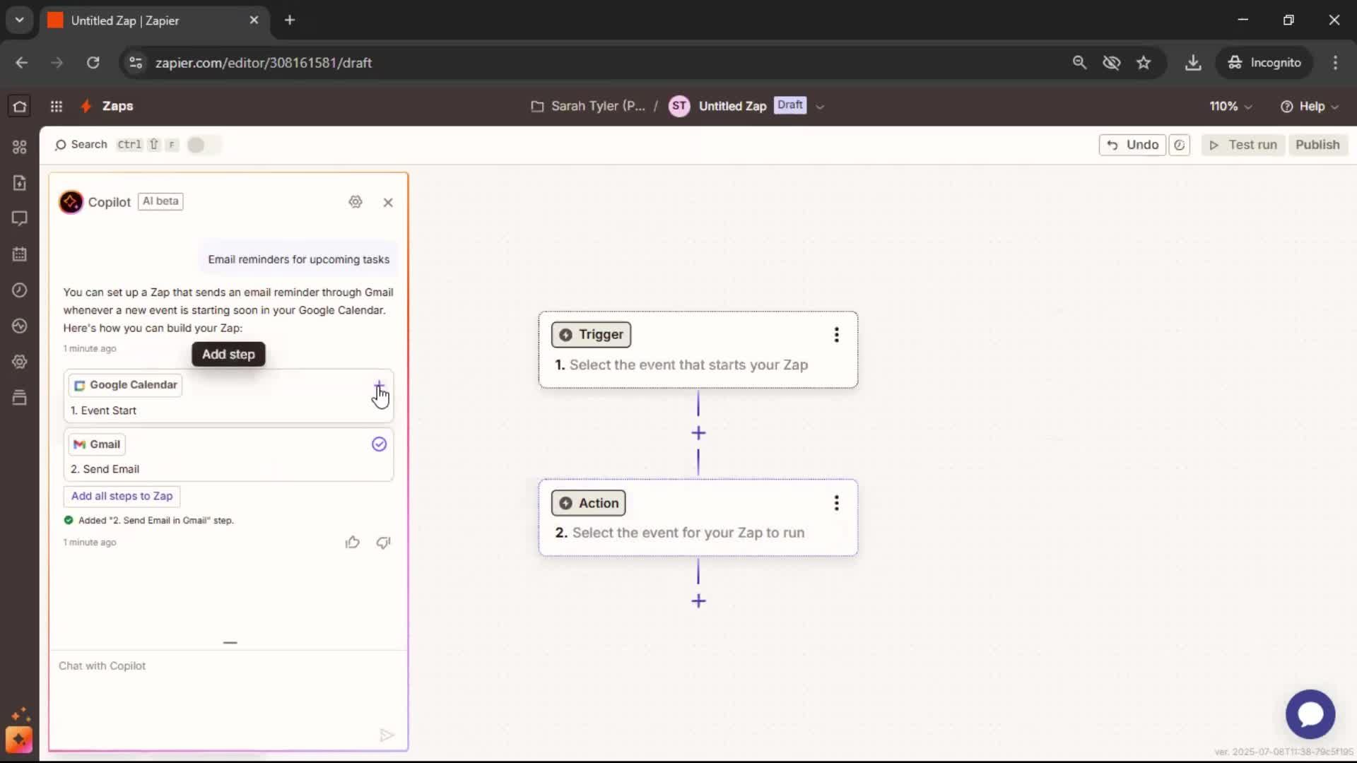 Creating an automation workflow screenshot