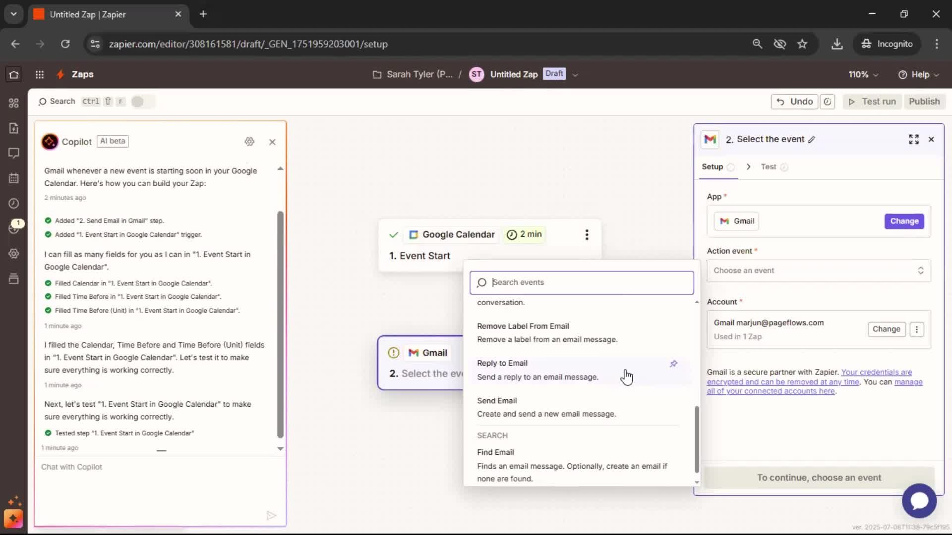 Creating an automation workflow screenshot
