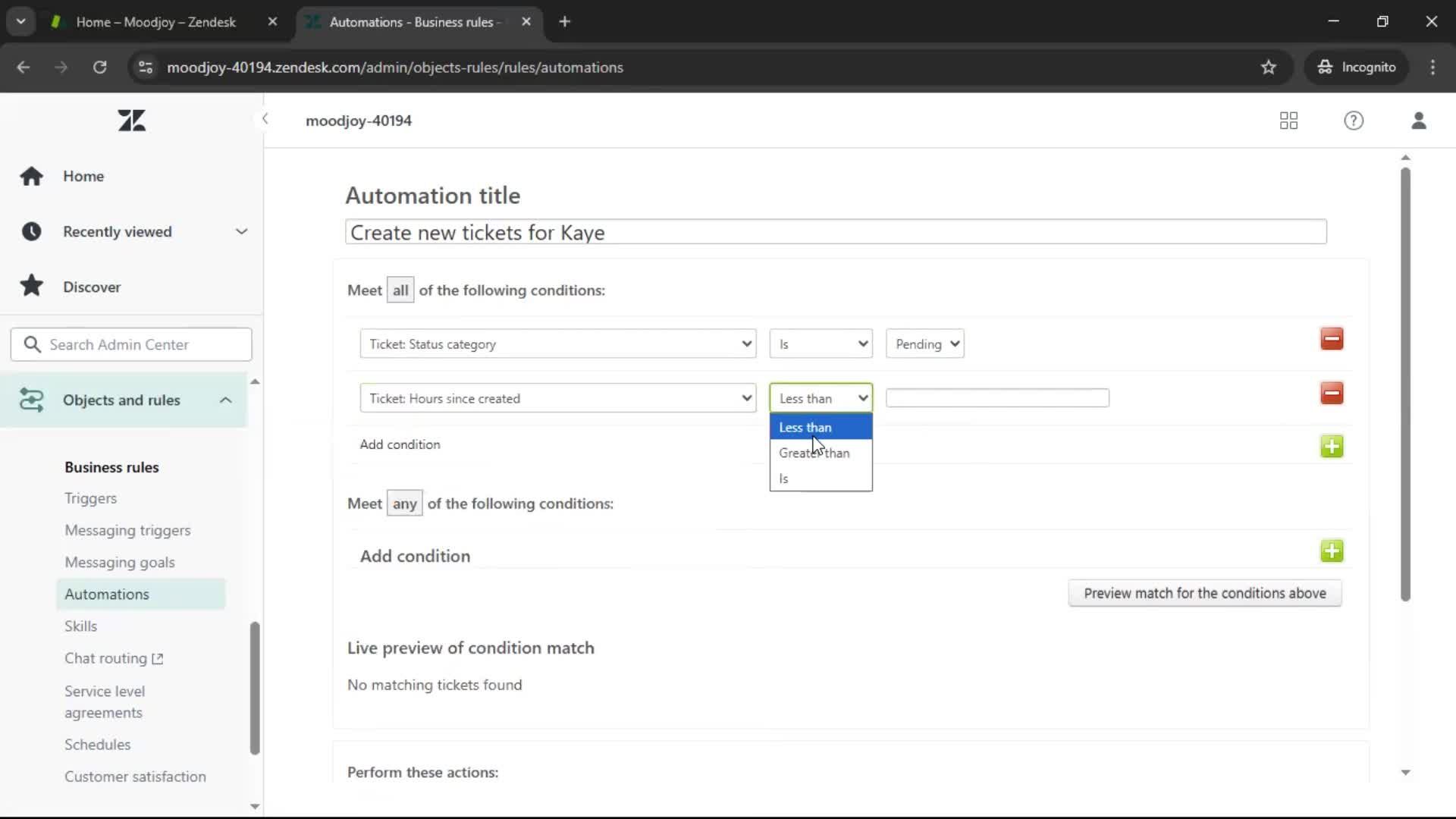Creating an automation workflow screenshot