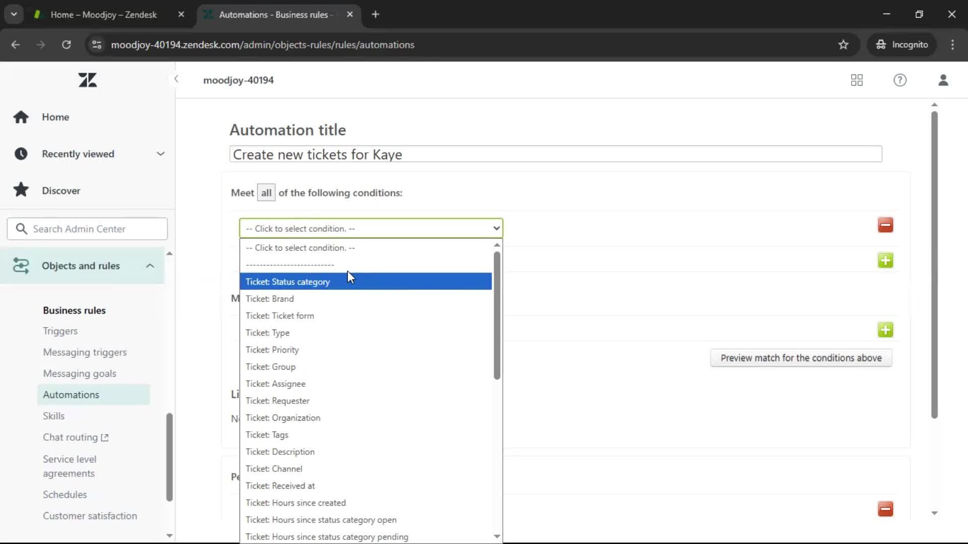 Creating an automation workflow screenshot