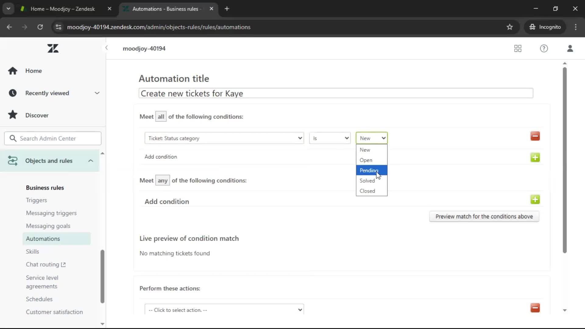 Creating an automation workflow screenshot