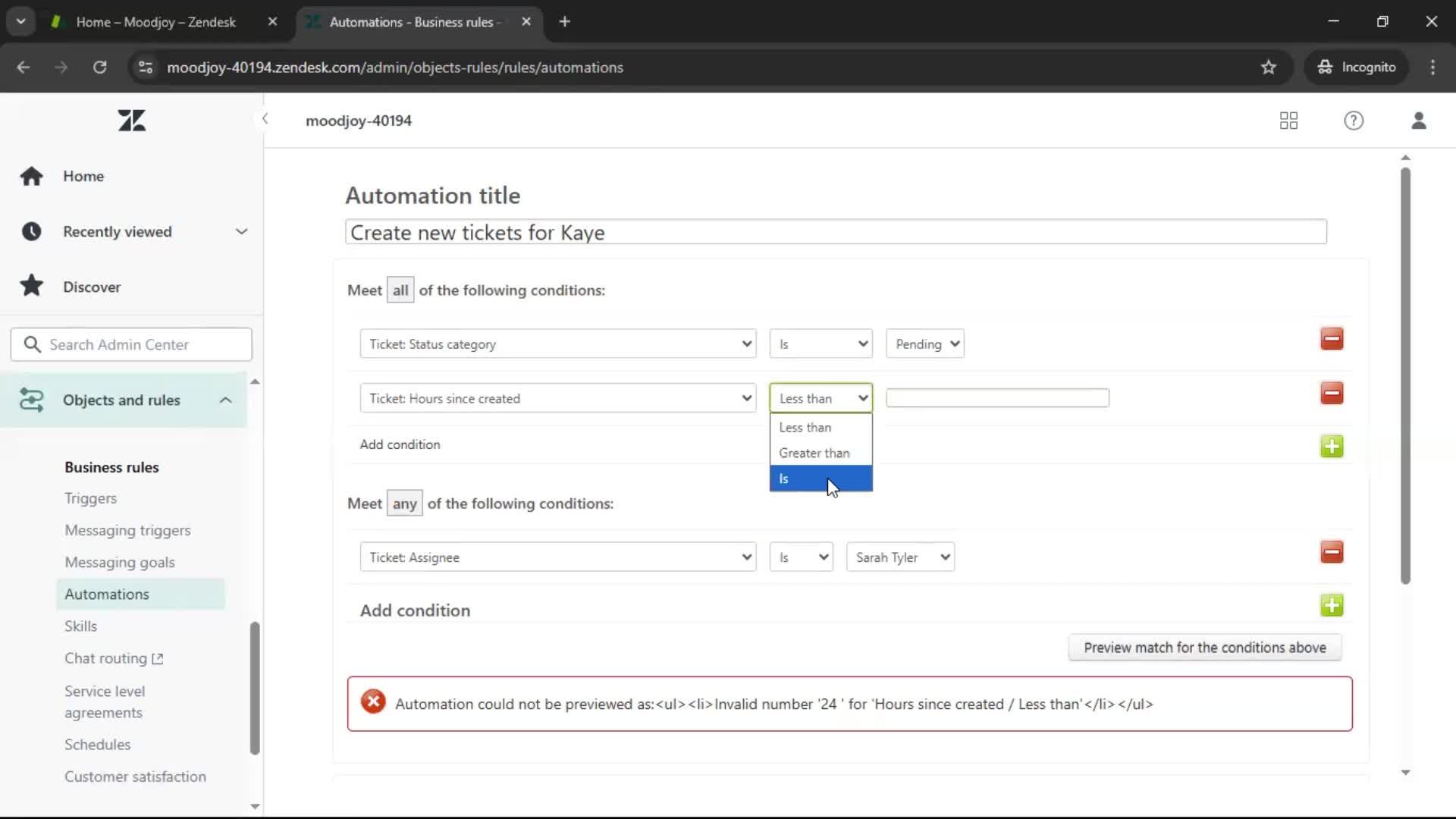 Creating an automation workflow screenshot