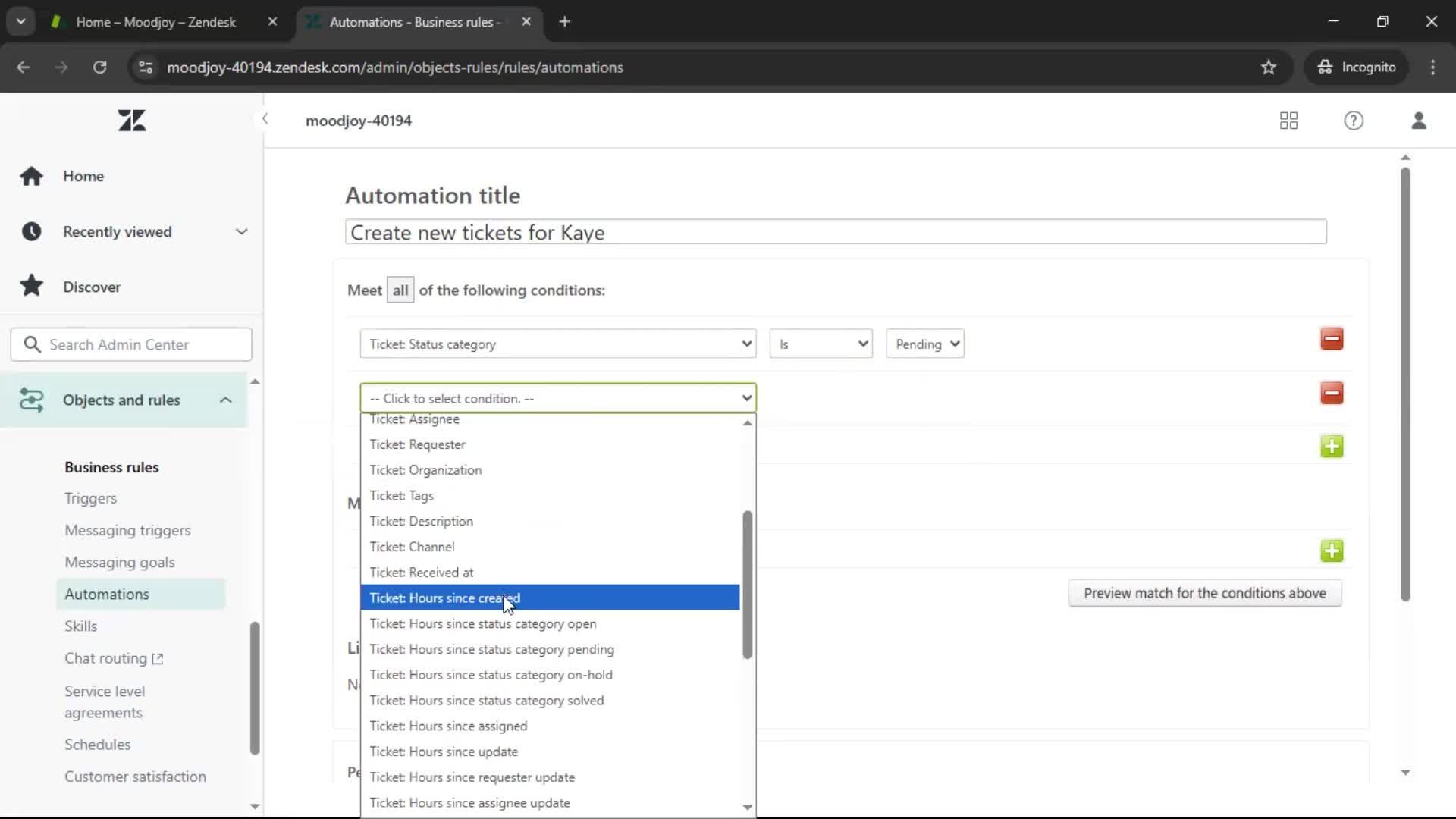 Creating an automation workflow screenshot