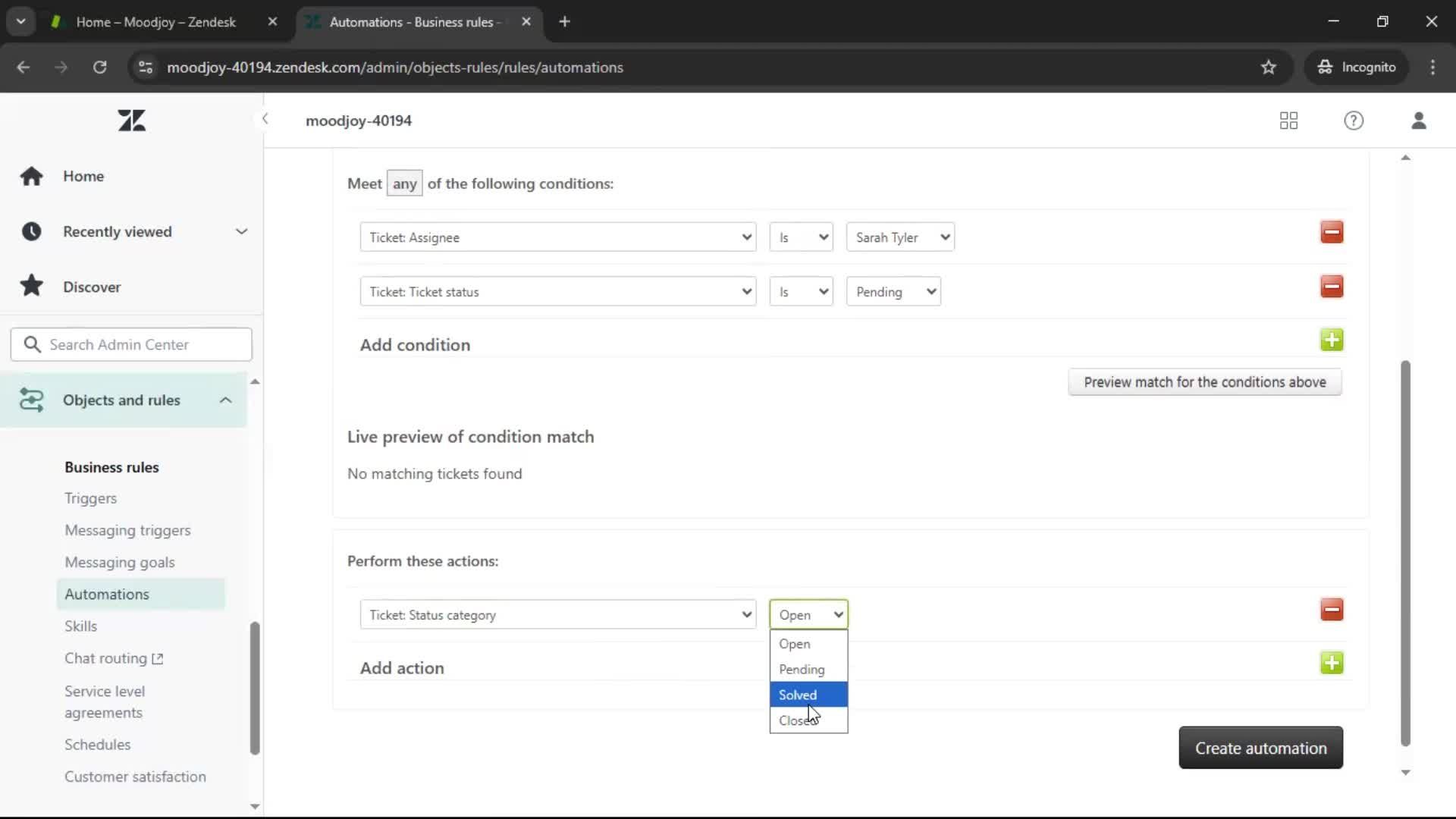 Creating an automation workflow screenshot