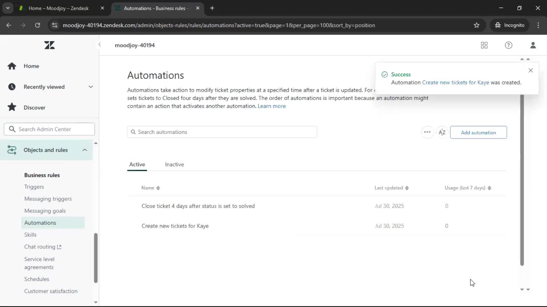 Creating an automation workflow screenshot