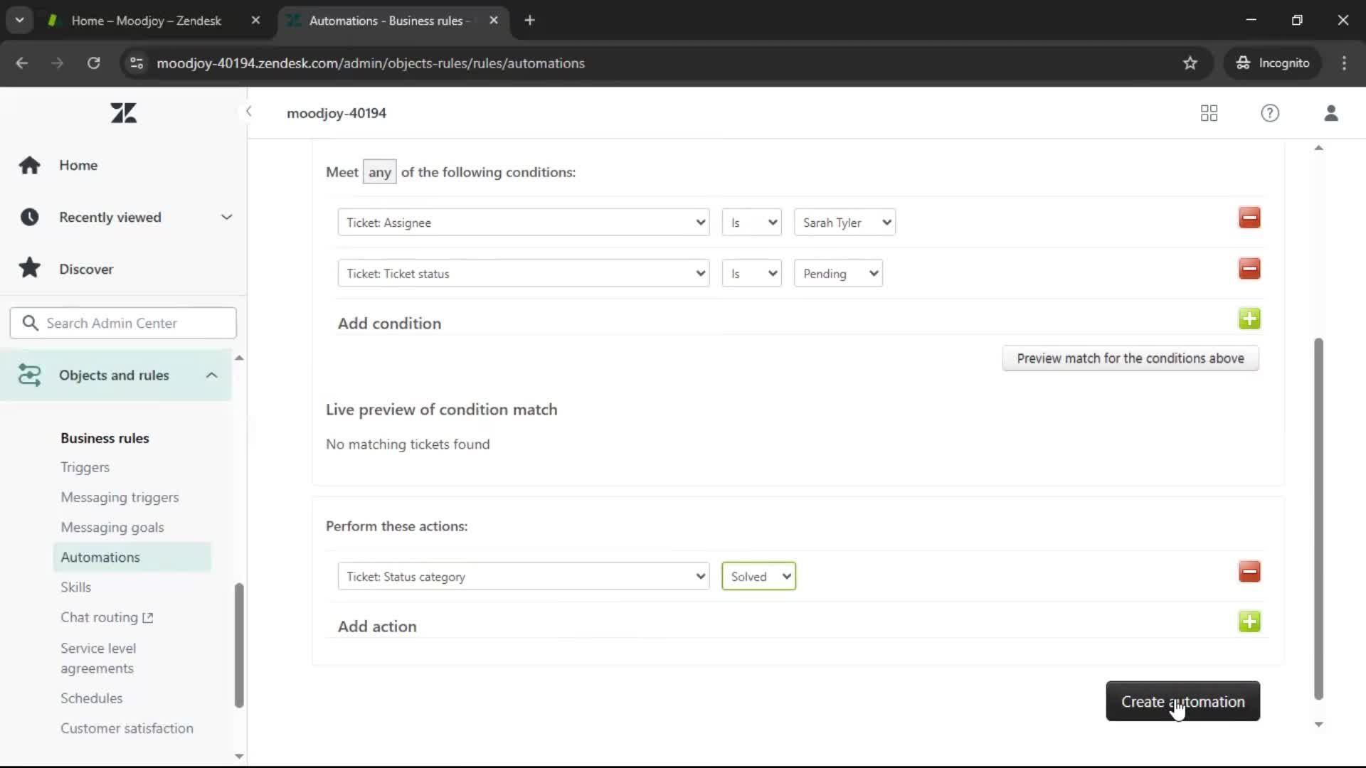 Creating an automation workflow screenshot