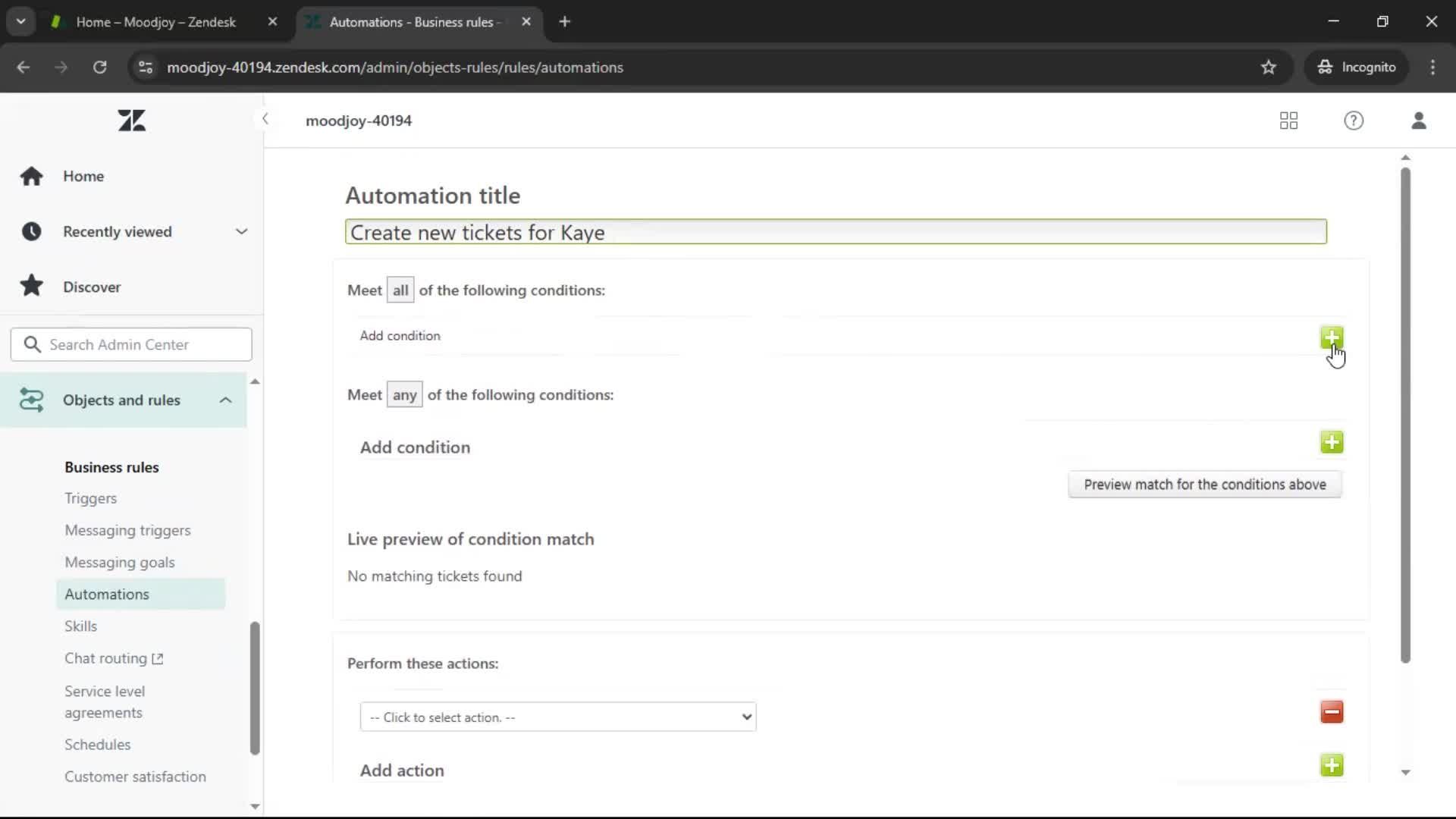 Creating an automation workflow screenshot