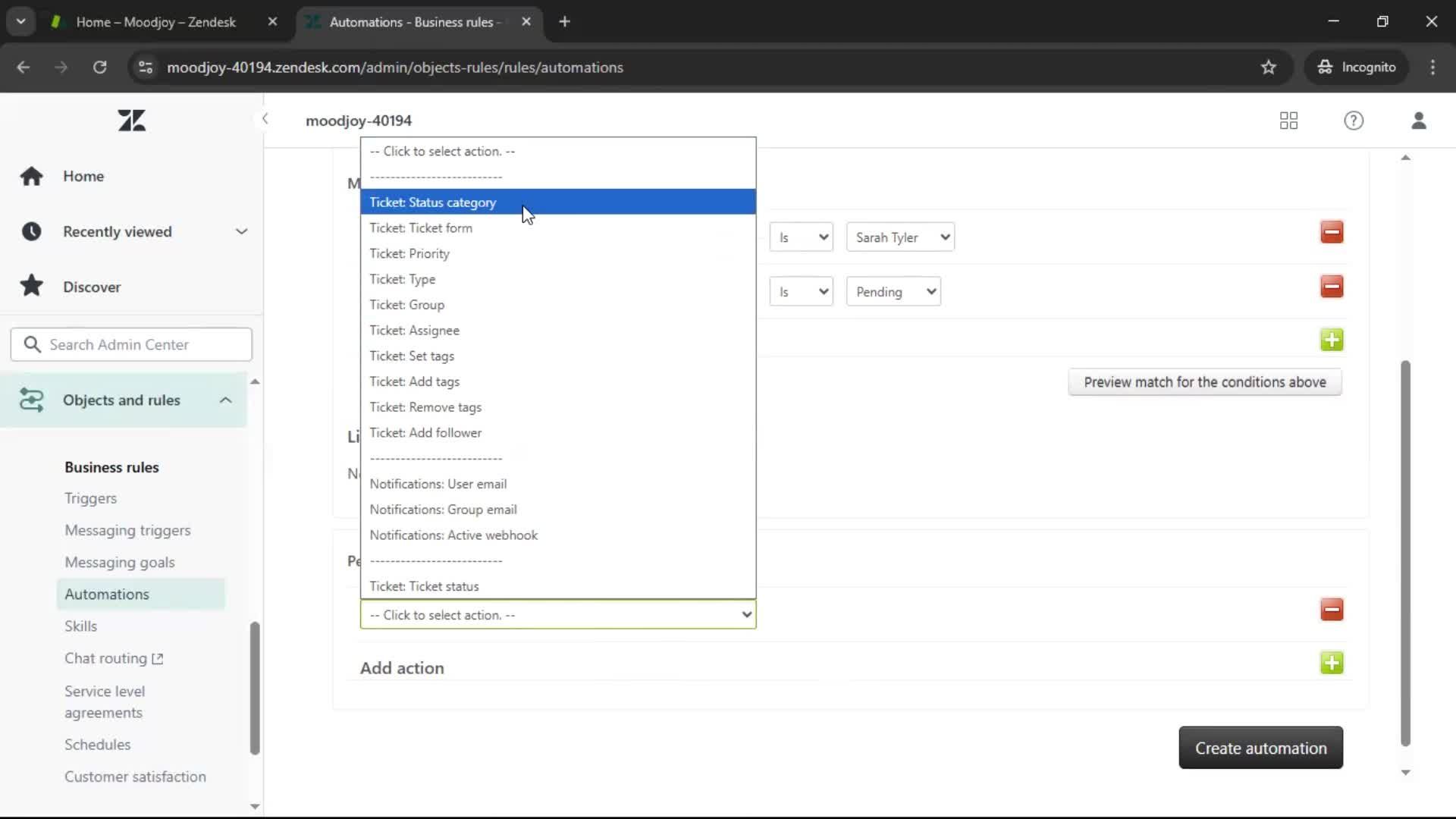 Creating an automation workflow screenshot