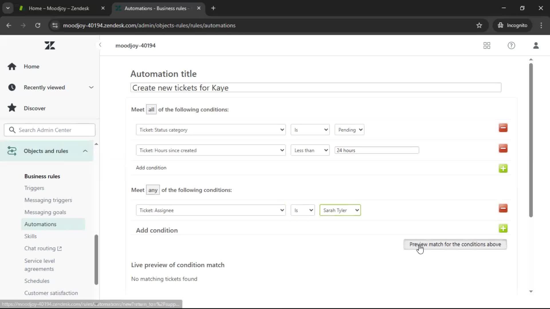 Creating an automation workflow screenshot