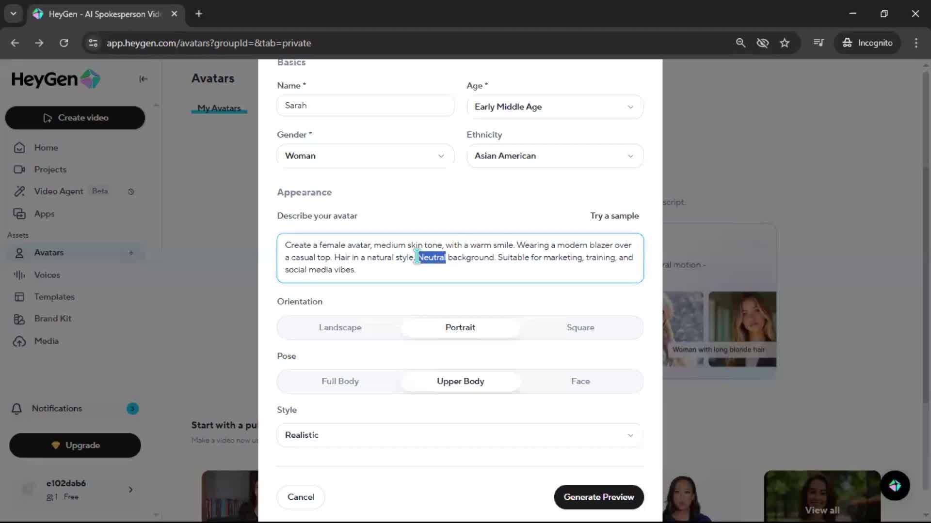 Creating an avatar screenshot