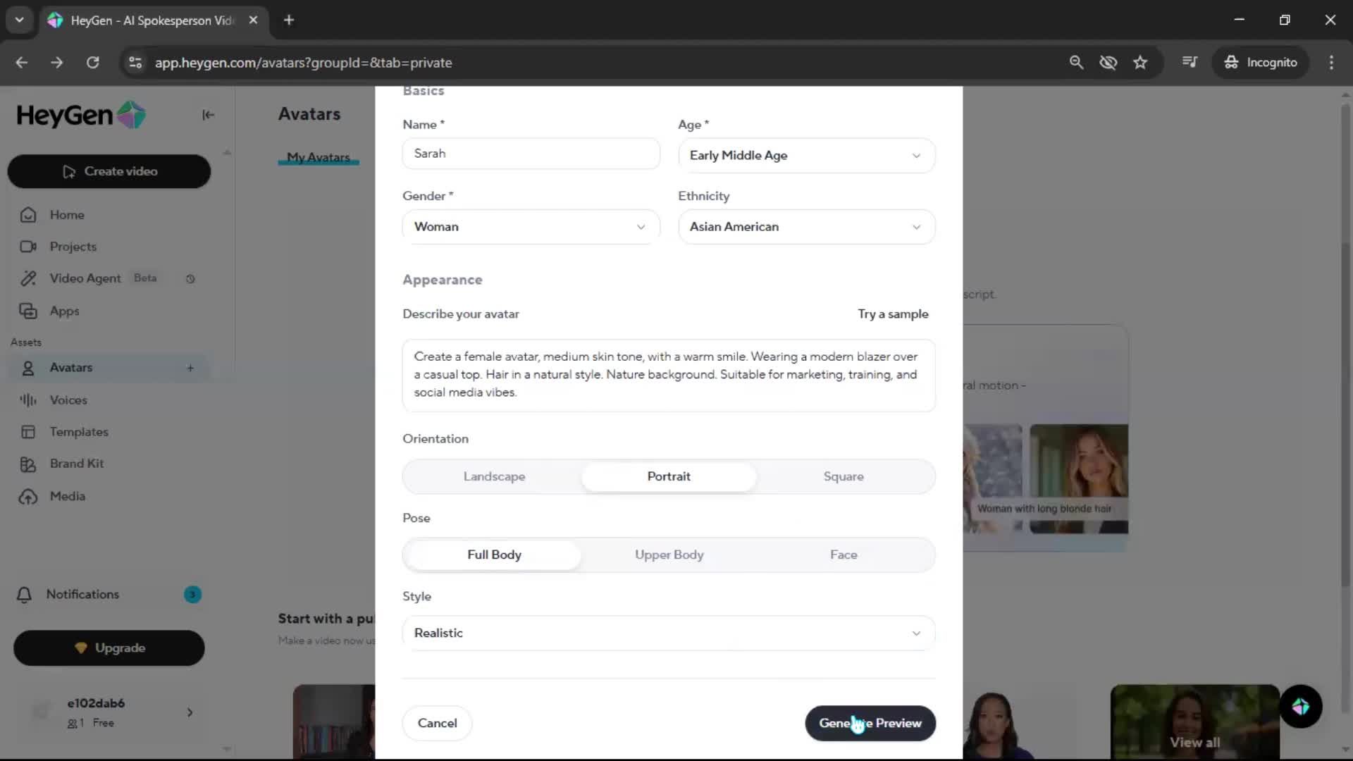Creating an avatar screenshot