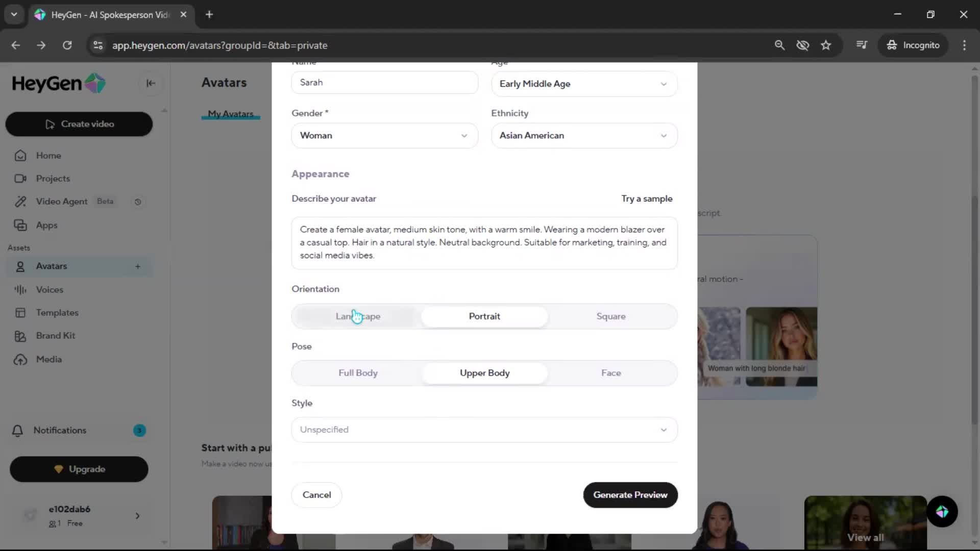 Creating an avatar screenshot