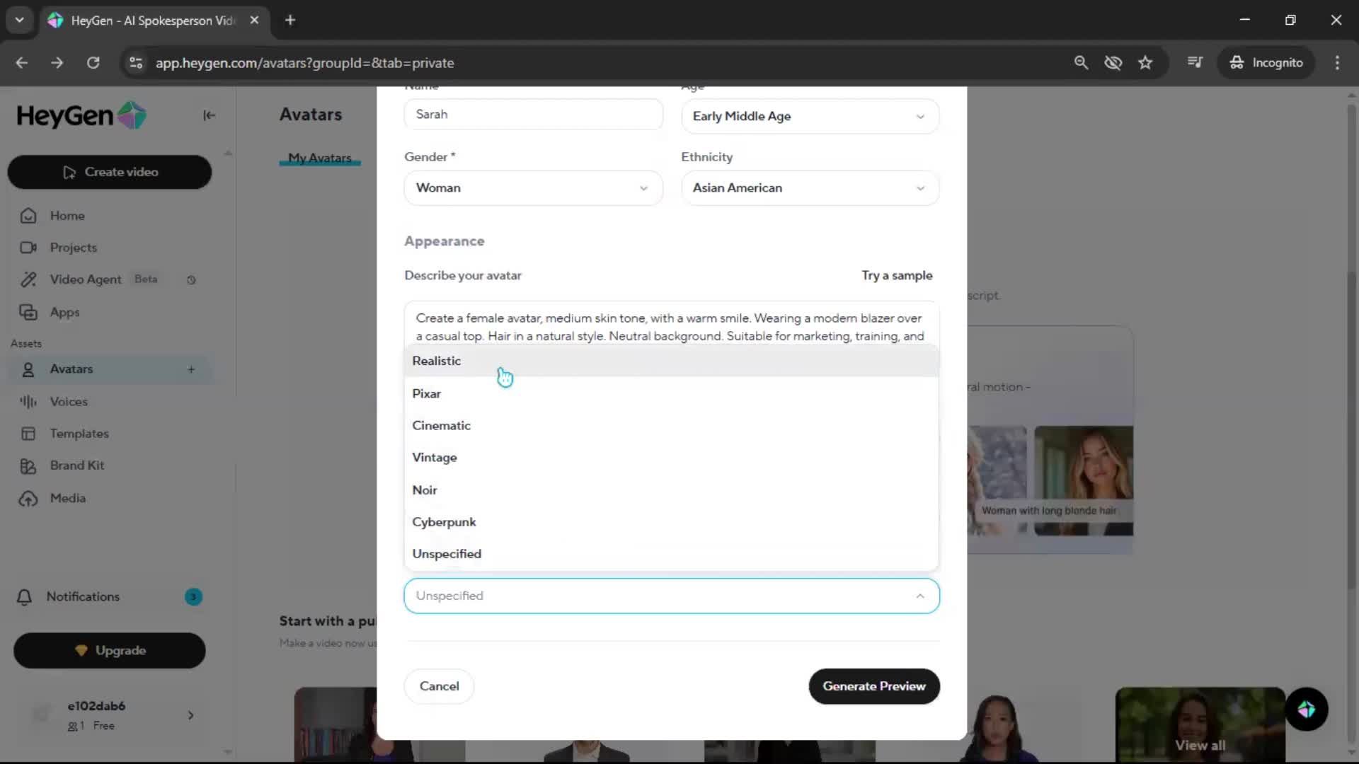 Creating an avatar screenshot