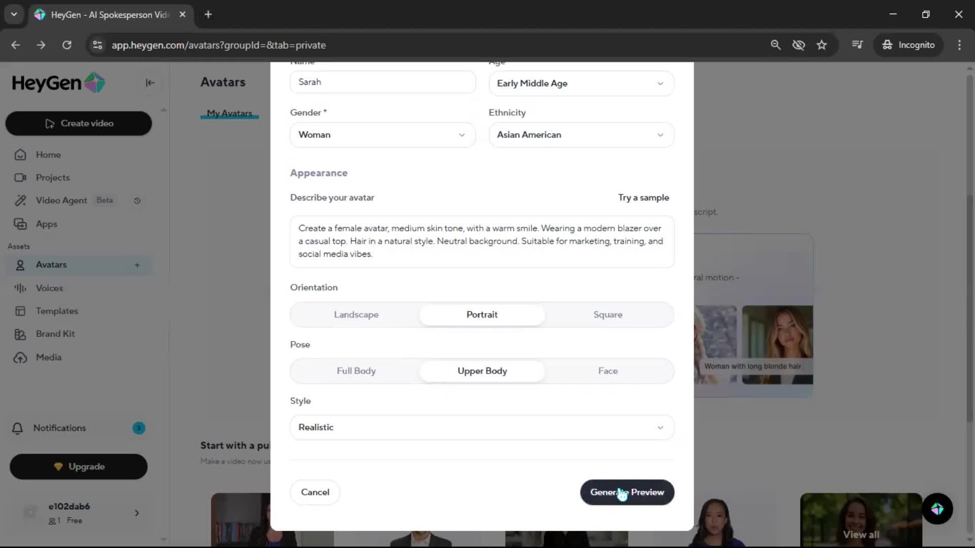 Creating an avatar screenshot