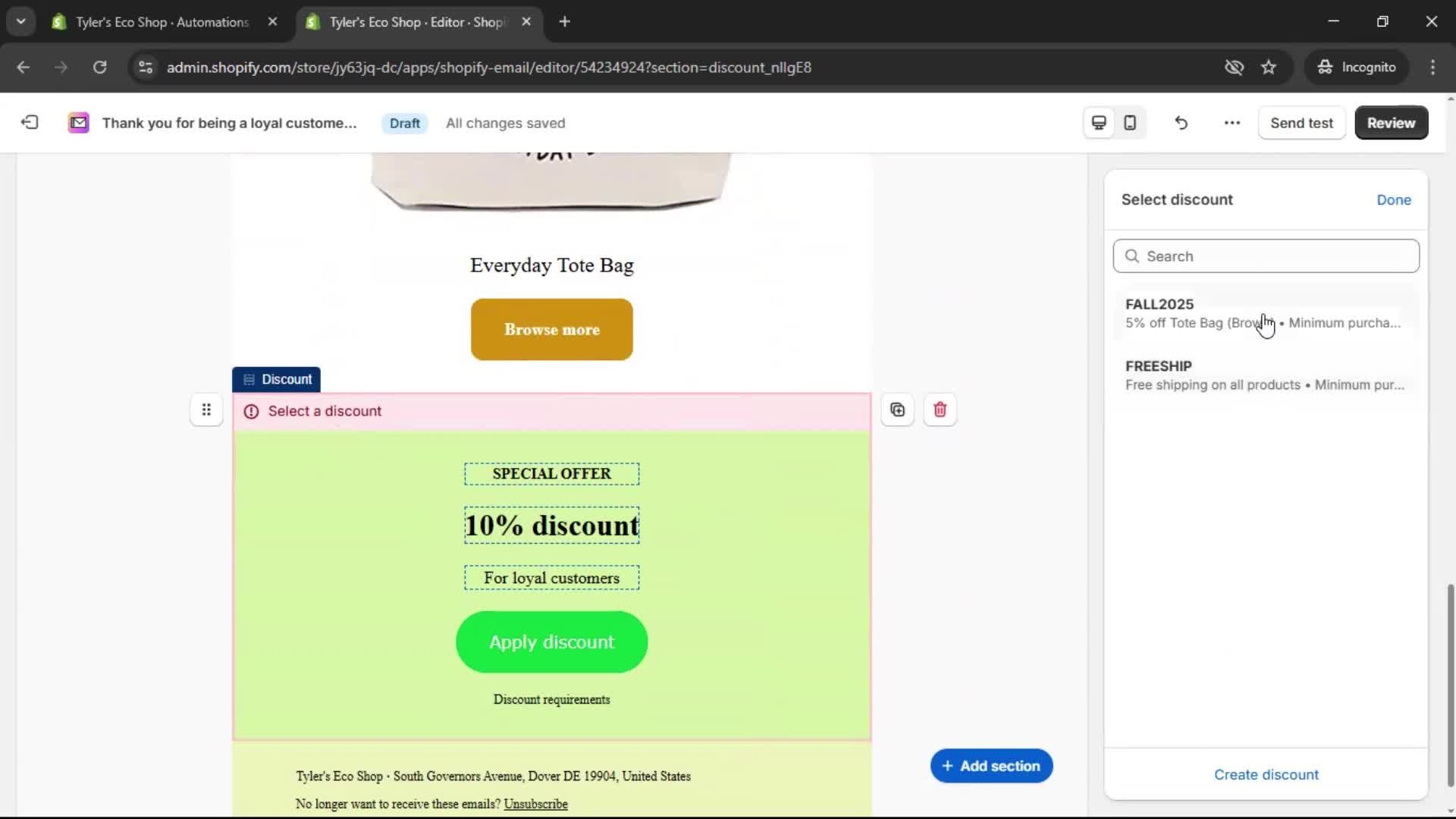 Creating an email campaign screenshot