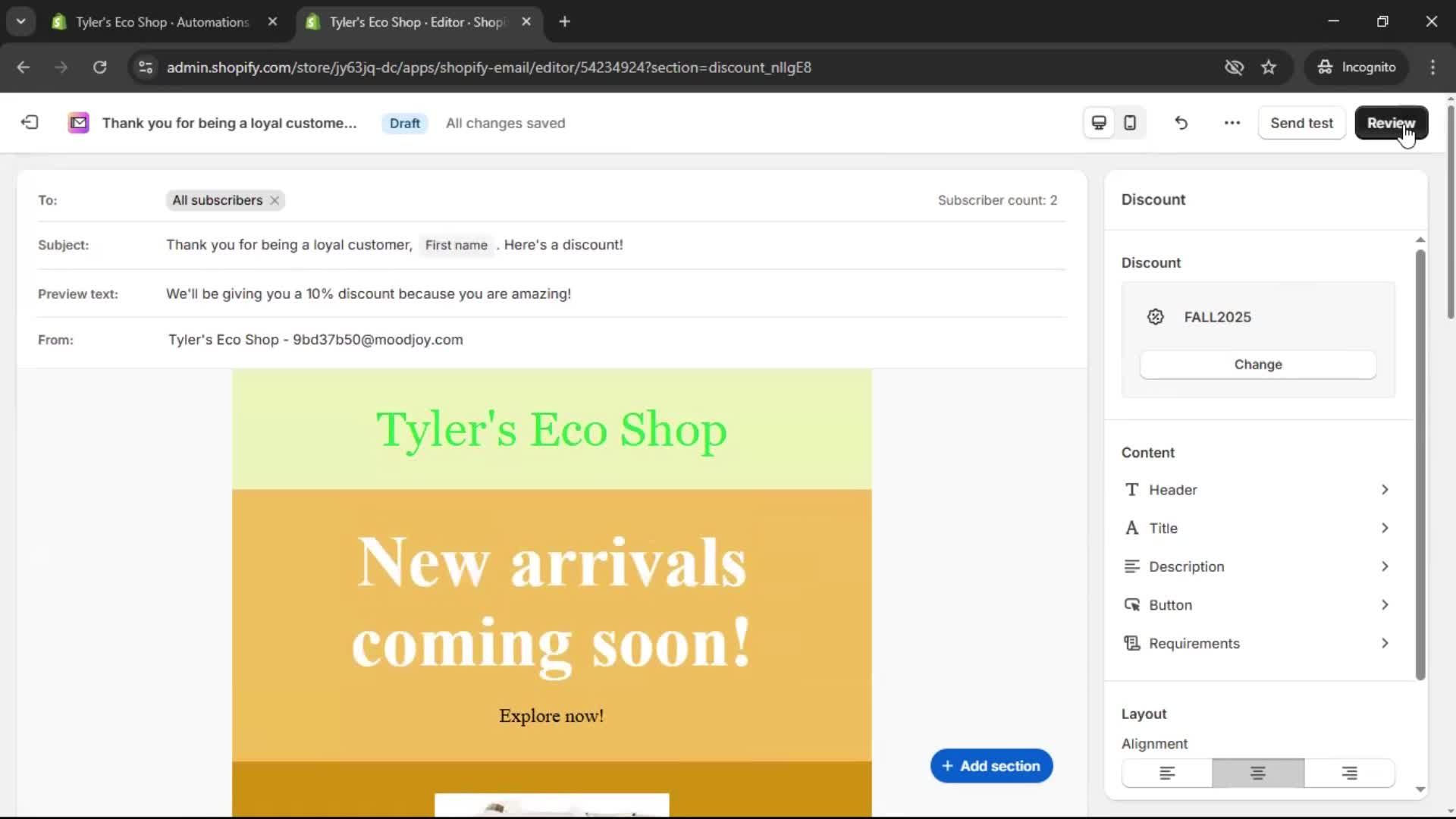 Creating an email campaign screenshot