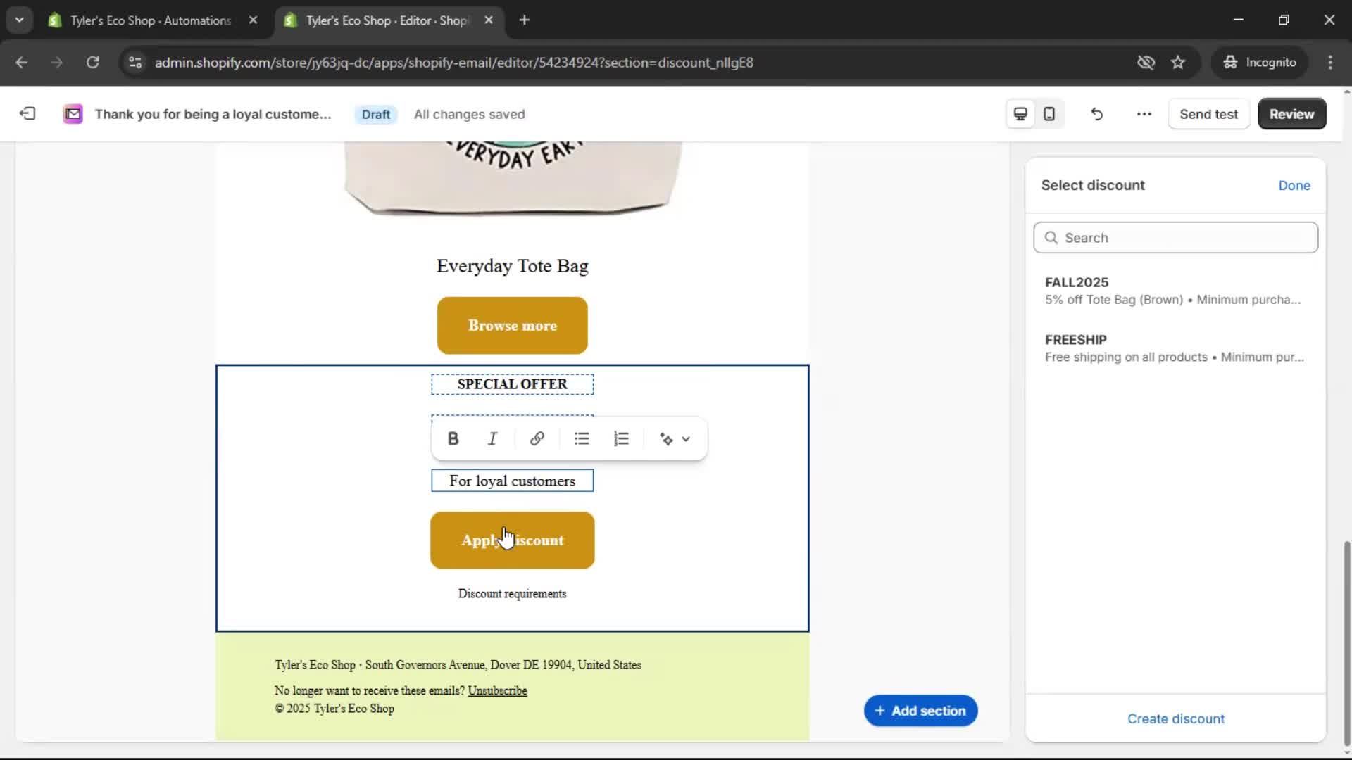 Creating an email campaign screenshot