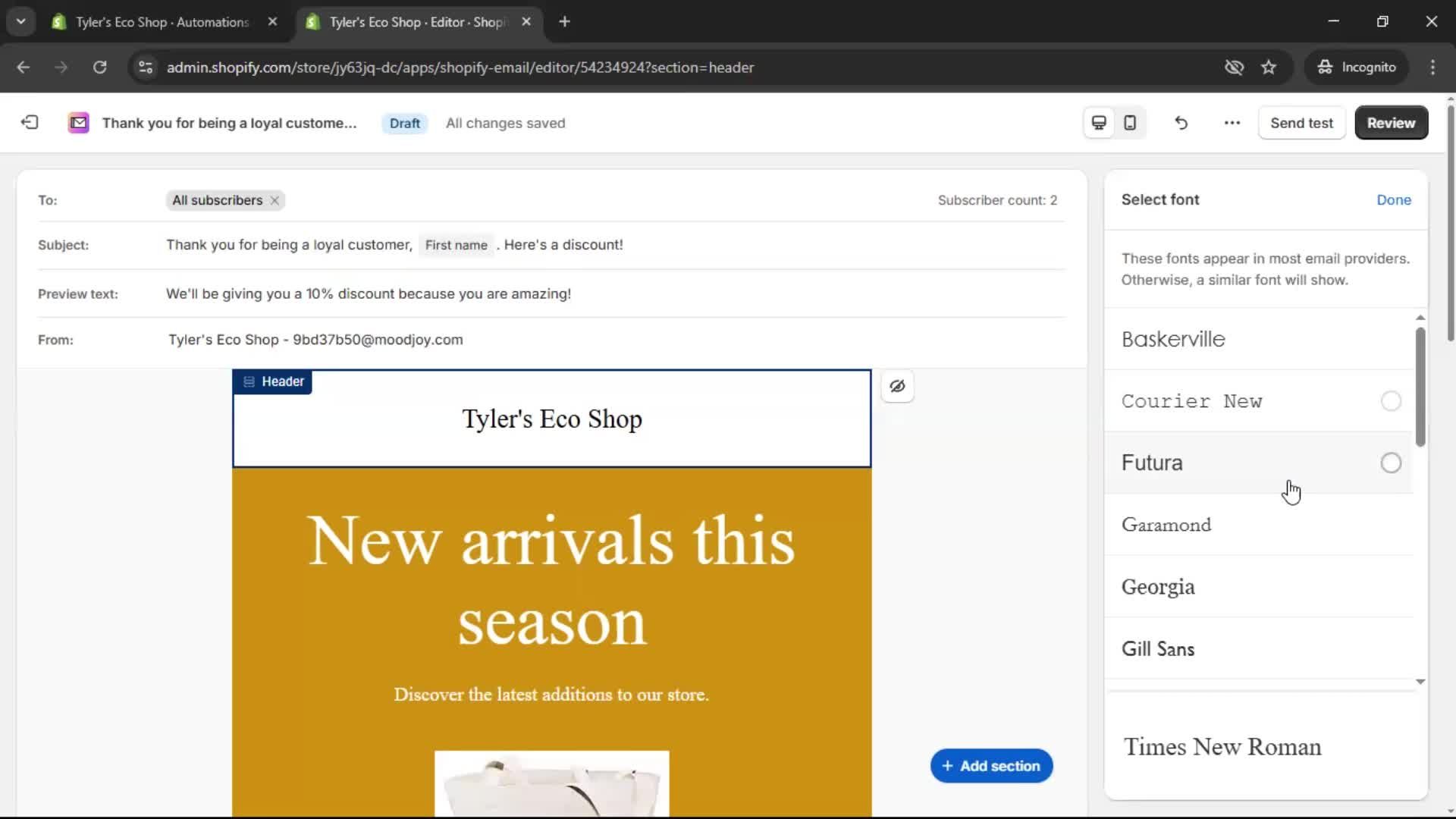 Creating an email campaign screenshot