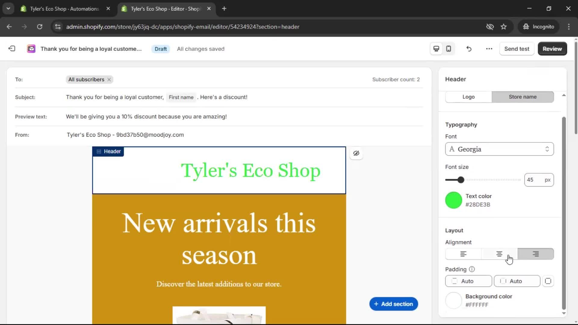 Creating an email campaign screenshot