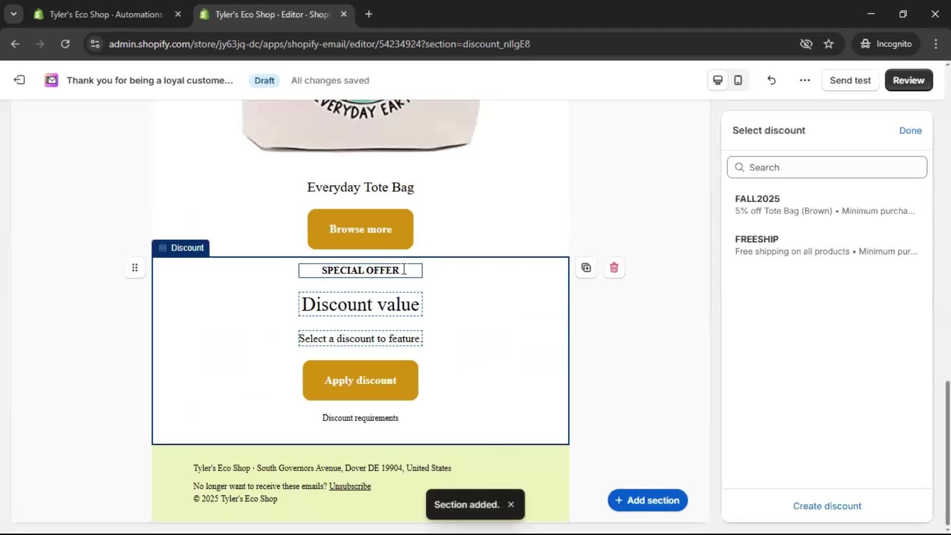 Creating an email campaign screenshot