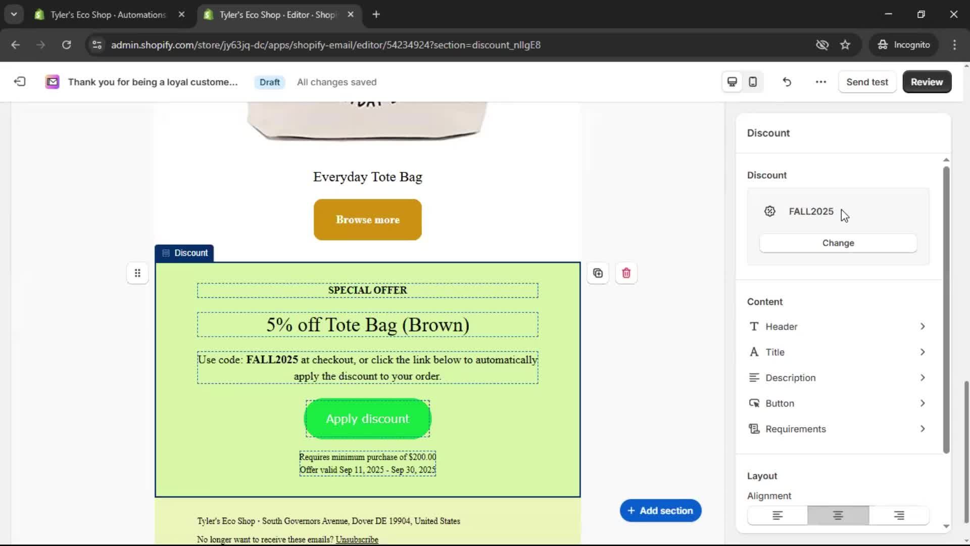 Creating an email campaign screenshot