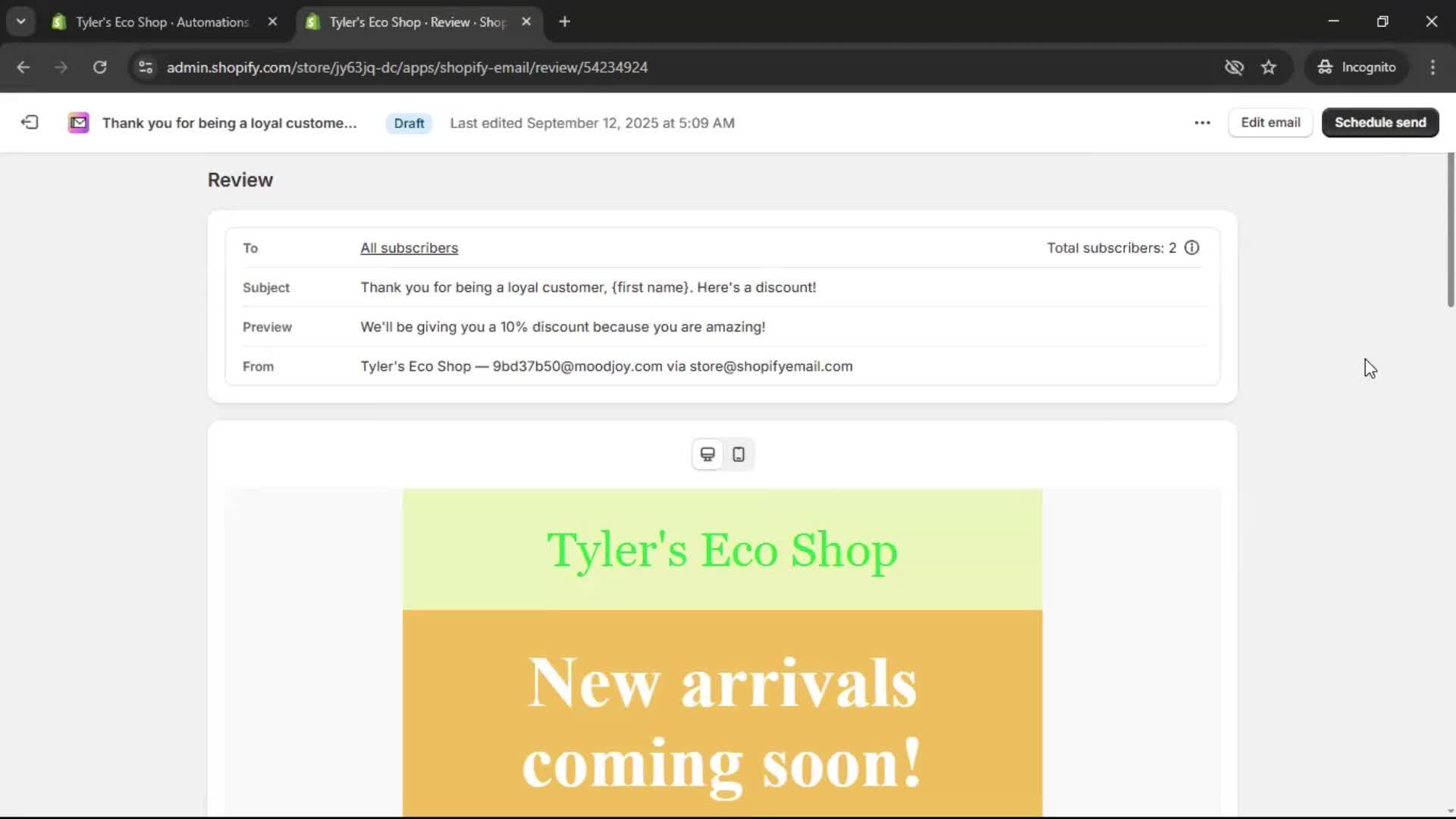Creating an email campaign screenshot