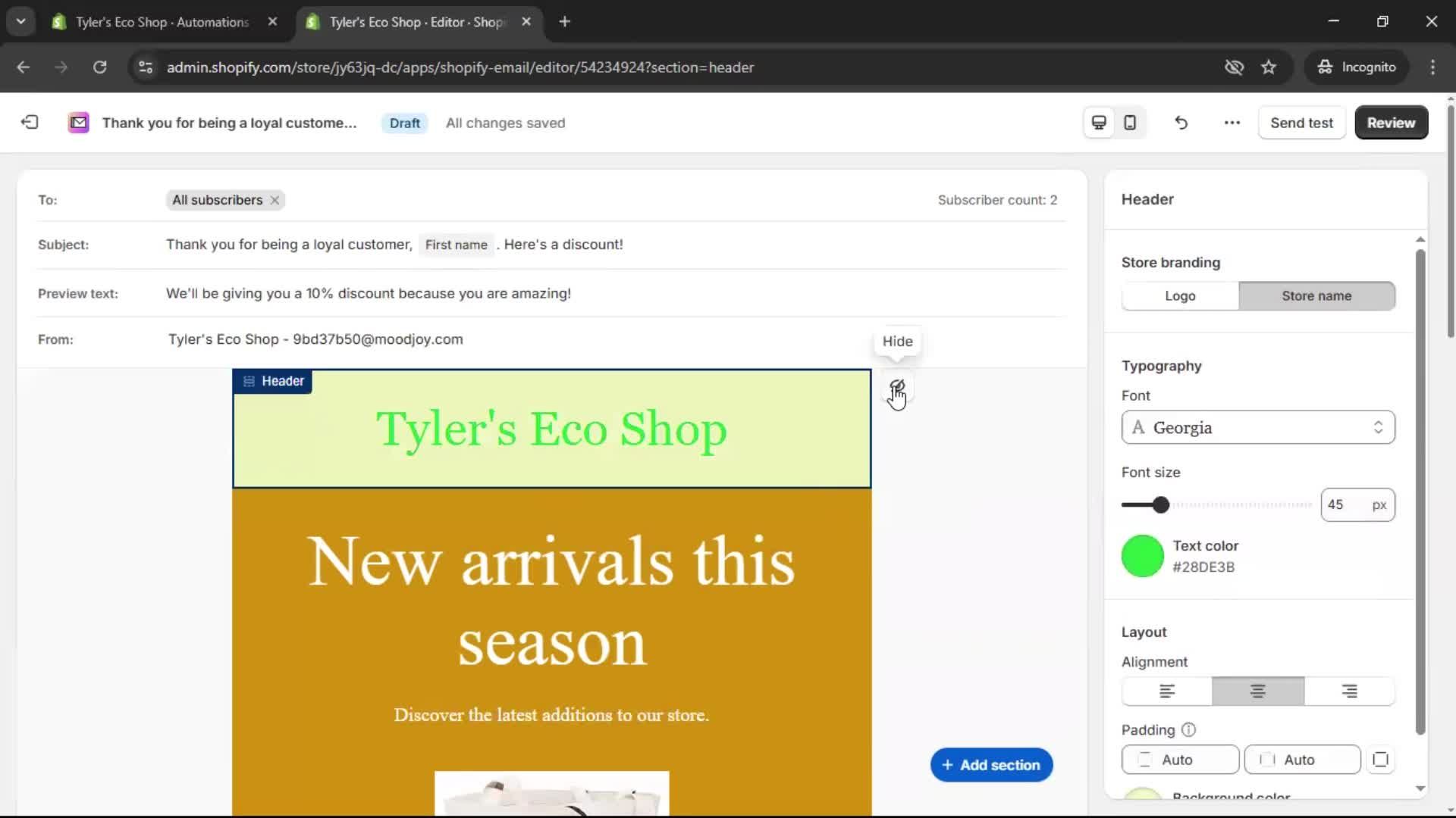 Creating an email campaign screenshot